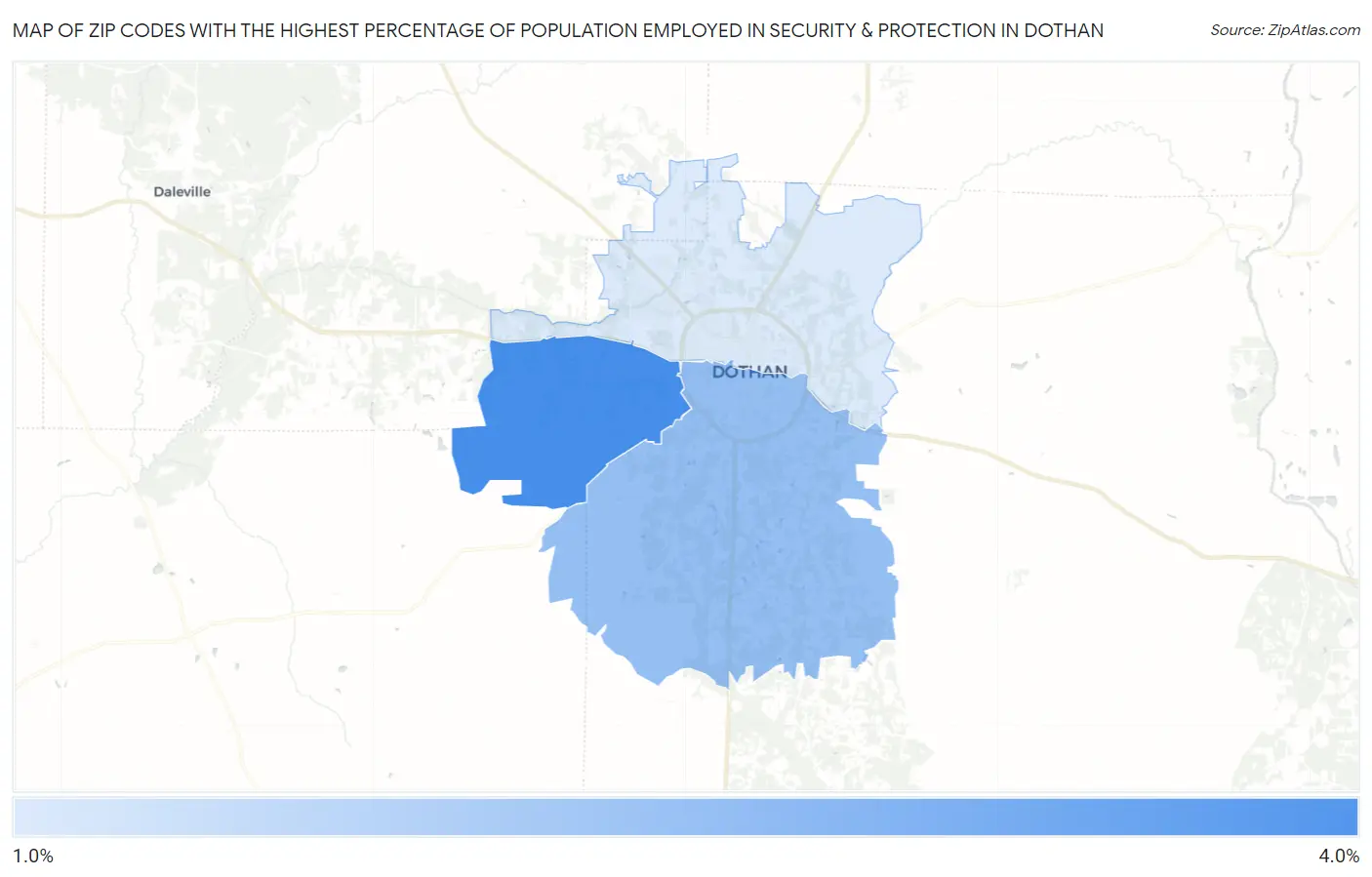 Zip Codes with the Highest Percentage of Population Employed in Security & Protection in Dothan Map
