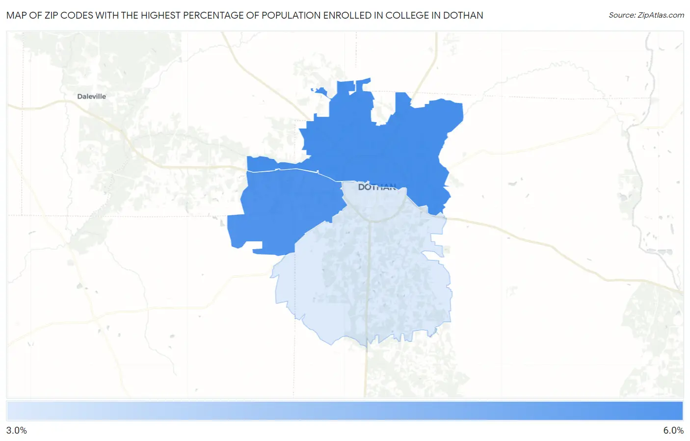 Zip Codes with the Highest Percentage of Population Enrolled in College in Dothan Map