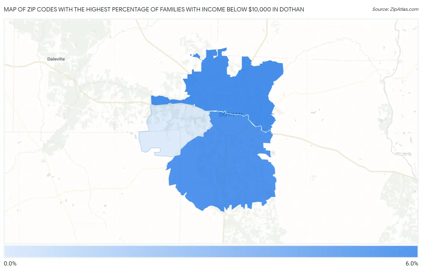 Zip Codes with the Highest Percentage of Families with Income Below $10,000 in Dothan Map