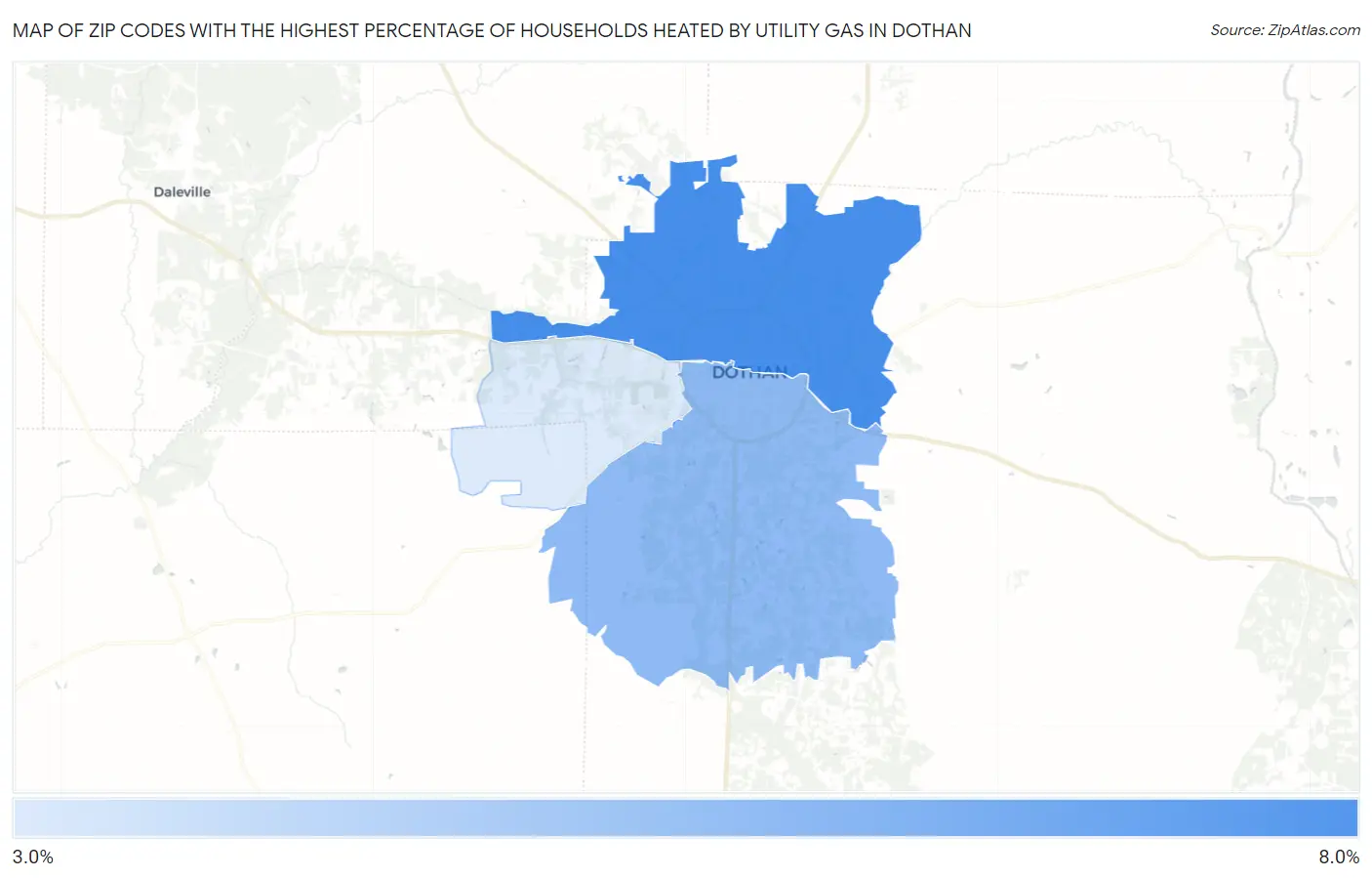 Zip Codes with the Highest Percentage of Households Heated by Utility Gas in Dothan Map