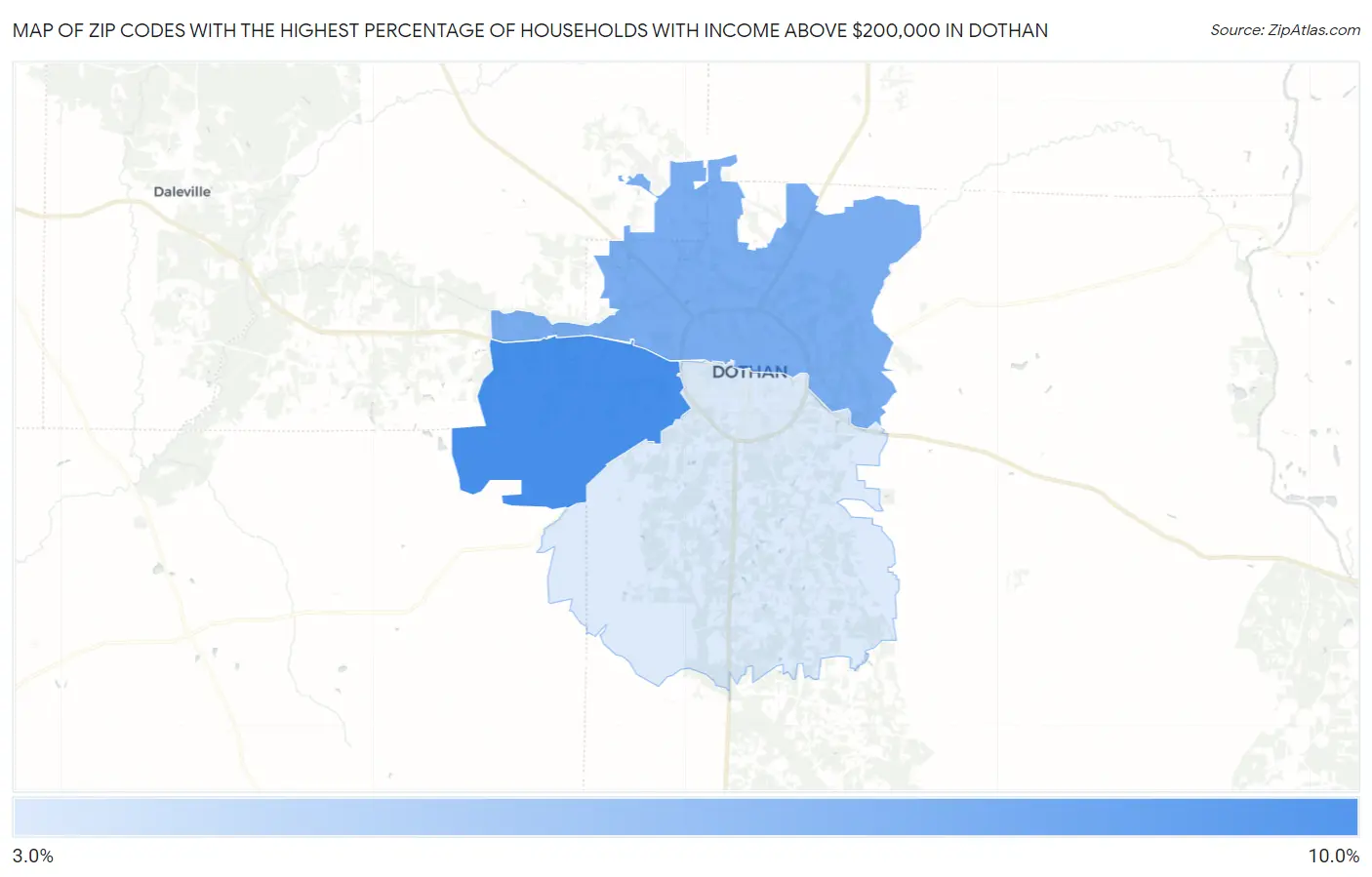 Zip Codes with the Highest Percentage of Households with Income Above $200,000 in Dothan Map