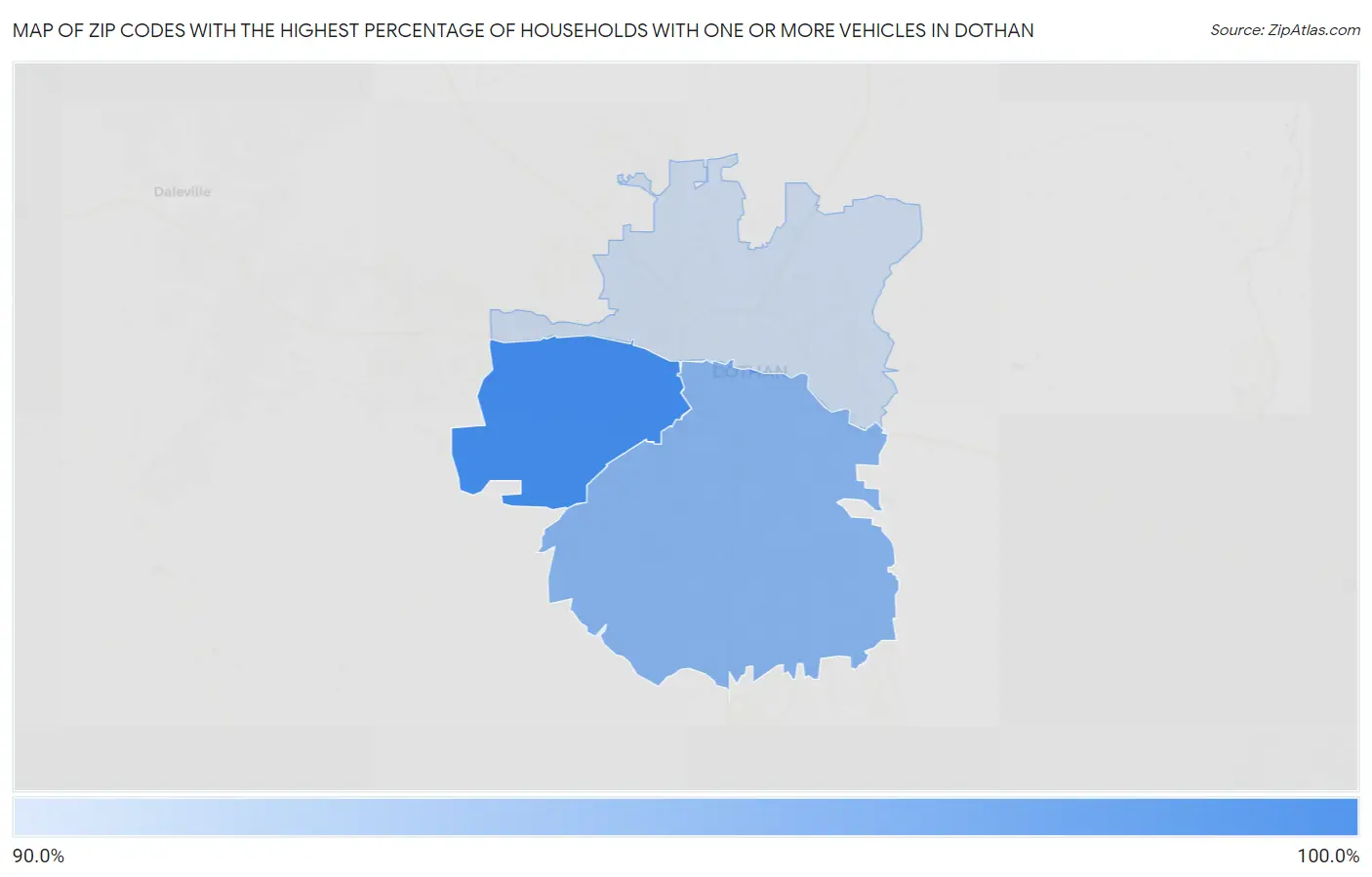 Zip Codes with the Highest Percentage of Households With One or more Vehicles in Dothan Map