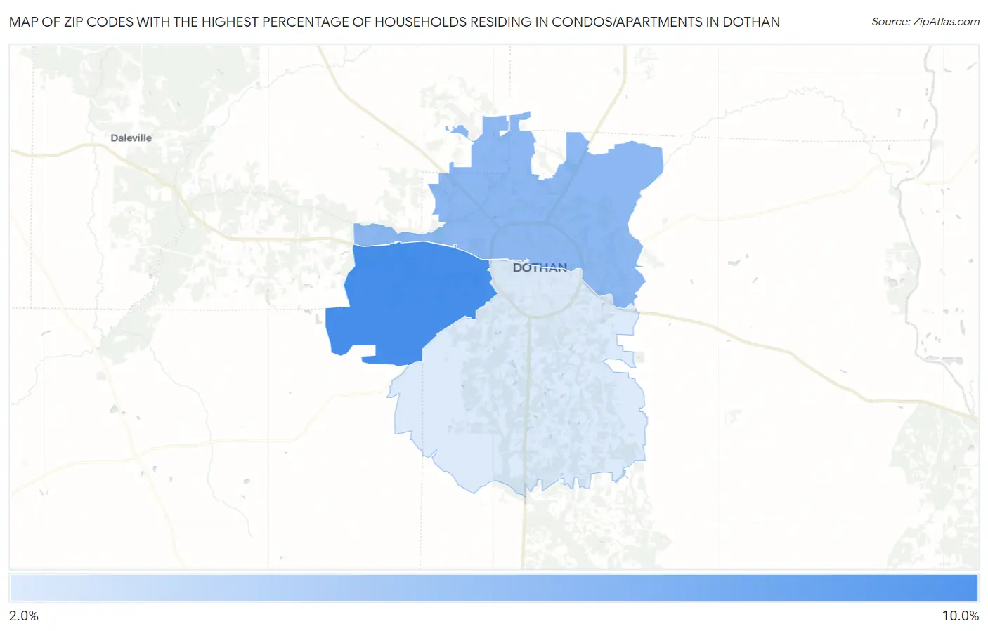 Zip Codes with the Highest Percentage of Households Residing in Condos/Apartments in Dothan Map