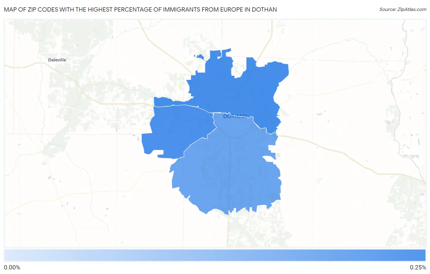 Zip Codes with the Highest Percentage of Immigrants from Europe in Dothan Map