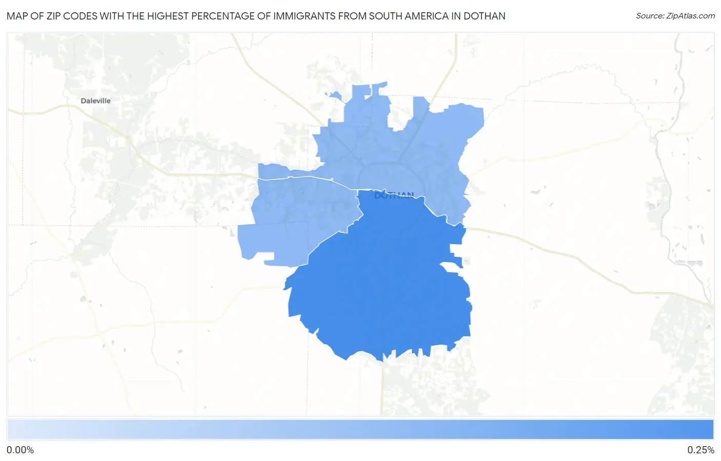 Zip Codes with the Highest Percentage of Immigrants from South America in Dothan Map