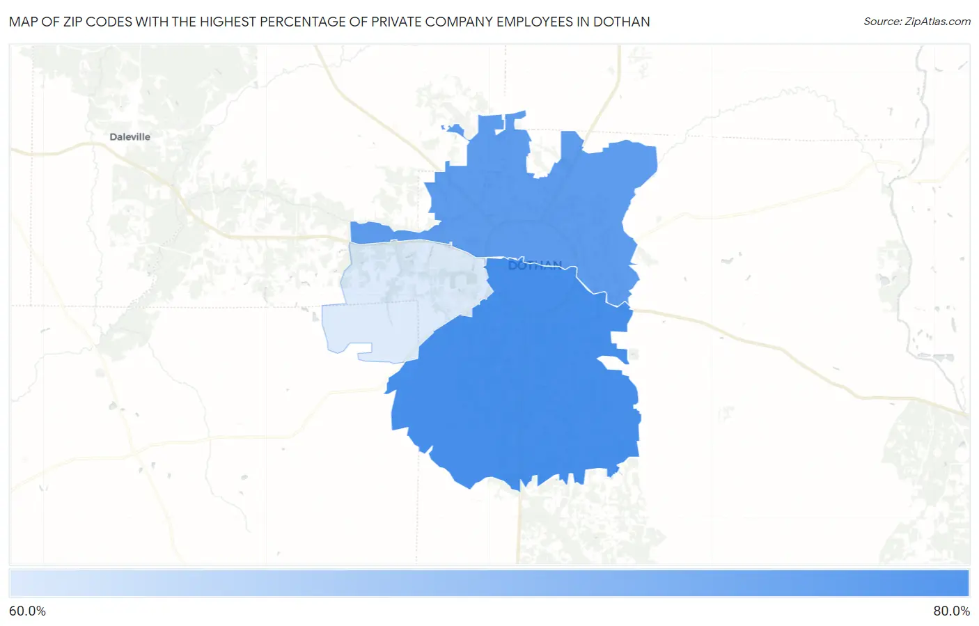 Zip Codes with the Highest Percentage of Private Company Employees in Dothan Map