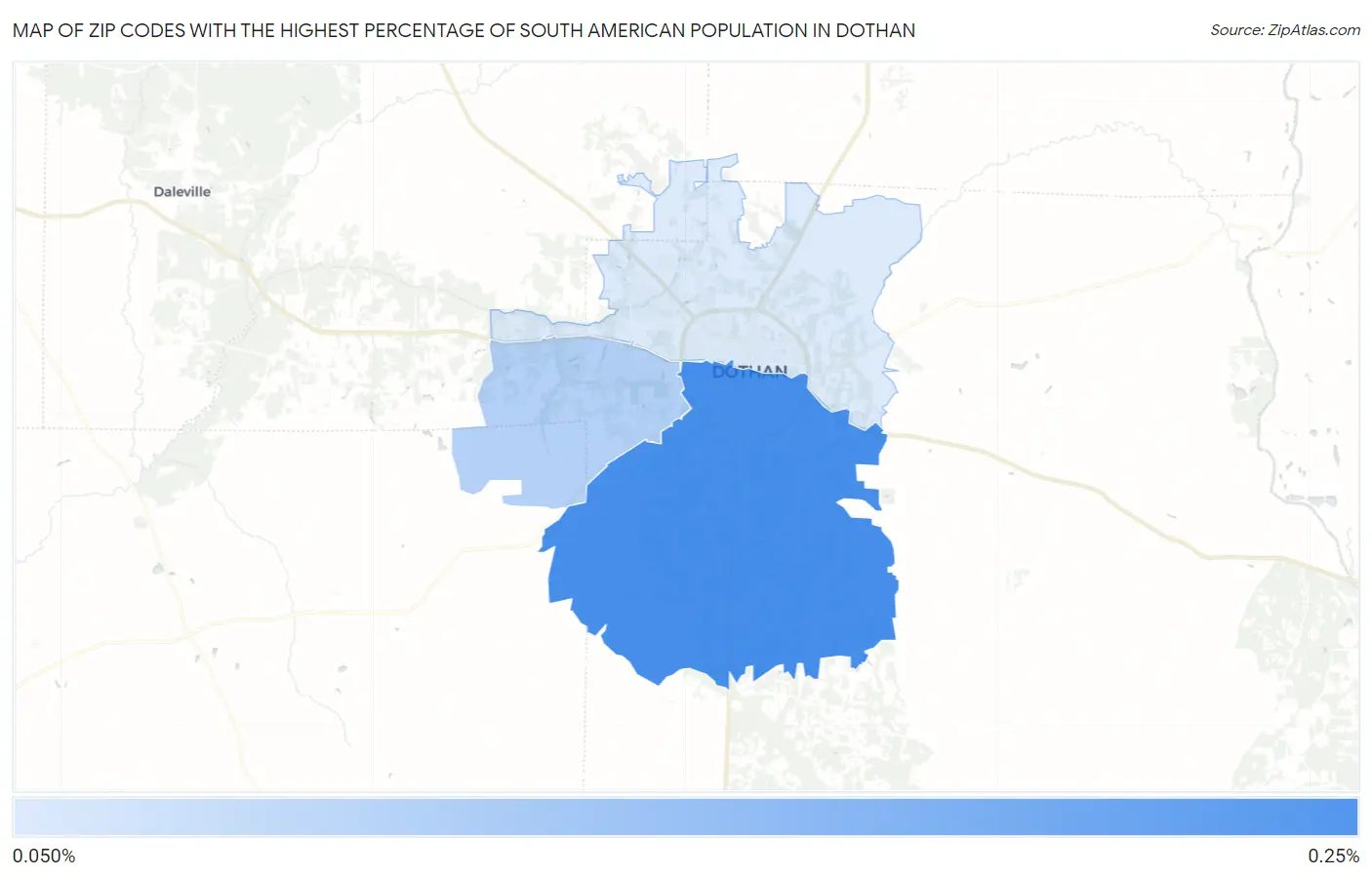 Zip Codes with the Highest Percentage of South American Population in Dothan Map