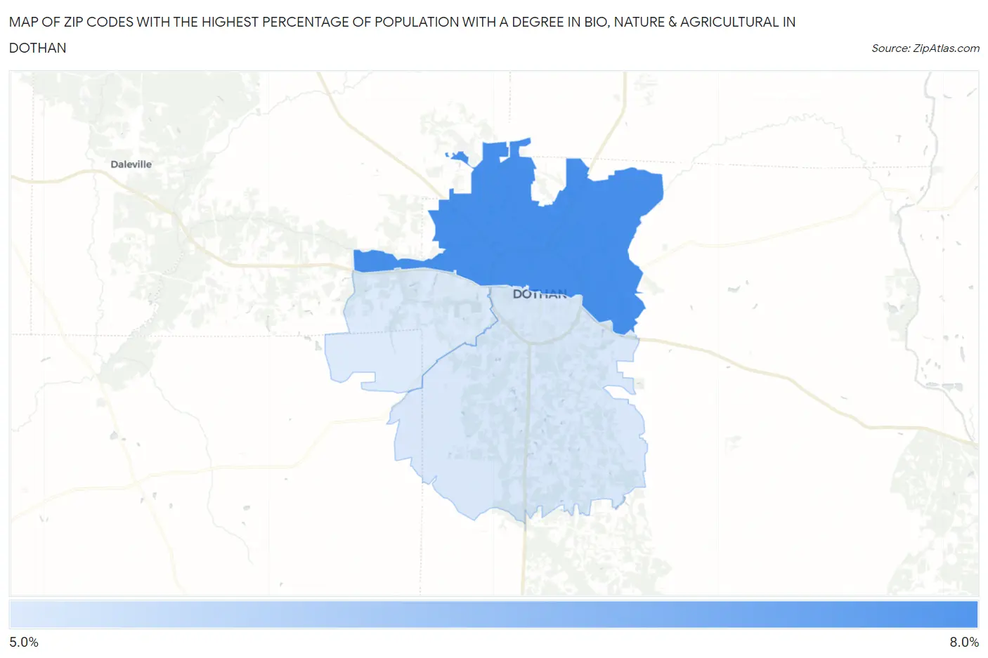 Zip Codes with the Highest Percentage of Population with a Degree in Bio, Nature & Agricultural in Dothan Map