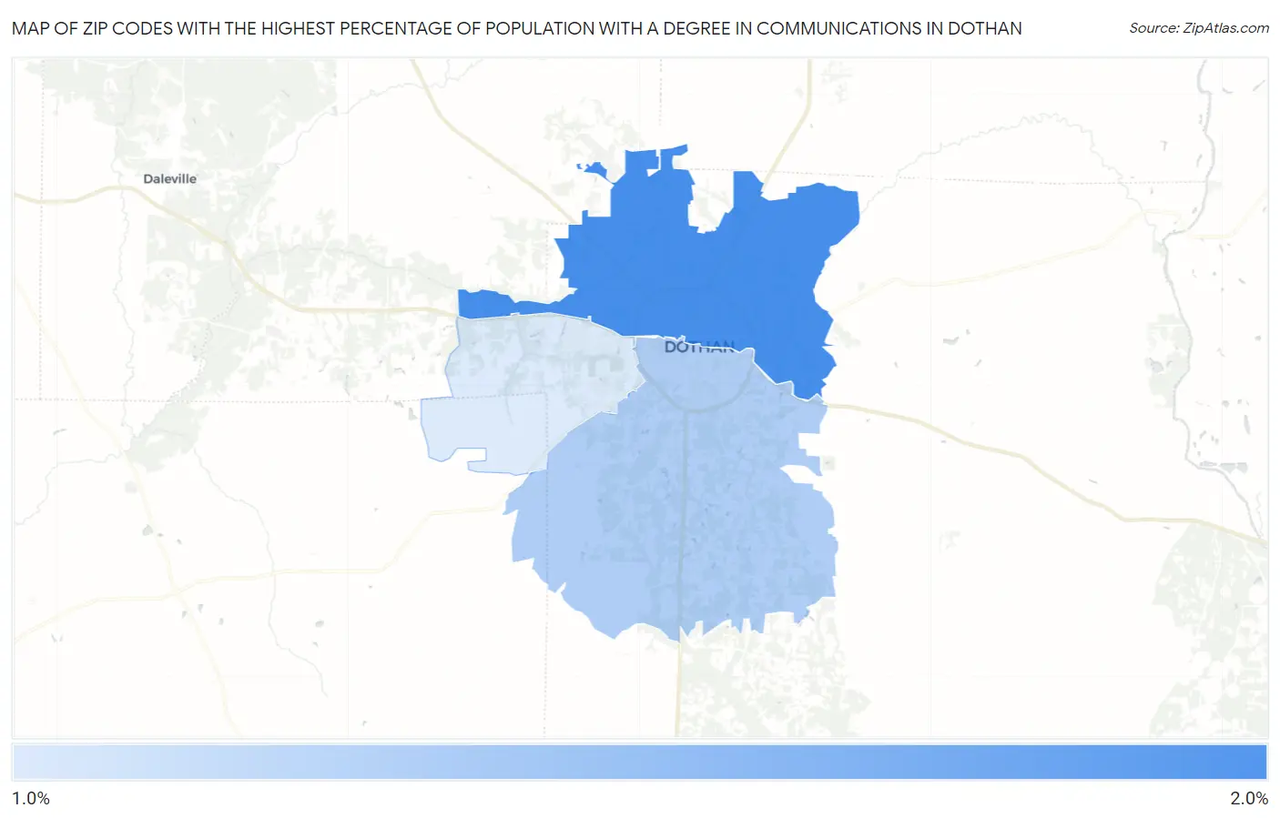 Zip Codes with the Highest Percentage of Population with a Degree in Communications in Dothan Map