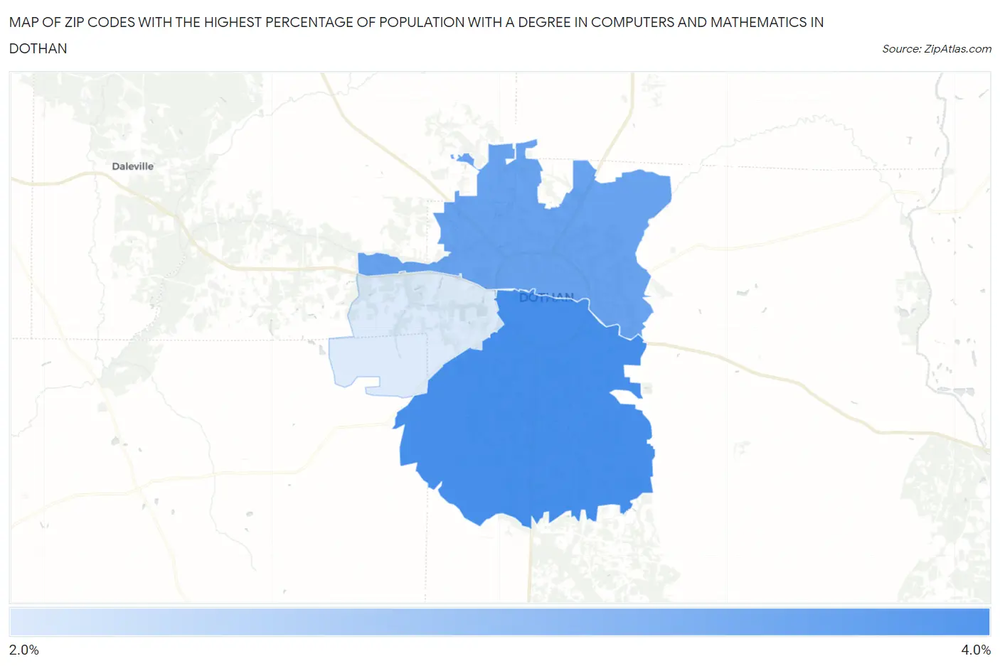 Zip Codes with the Highest Percentage of Population with a Degree in Computers and Mathematics in Dothan Map