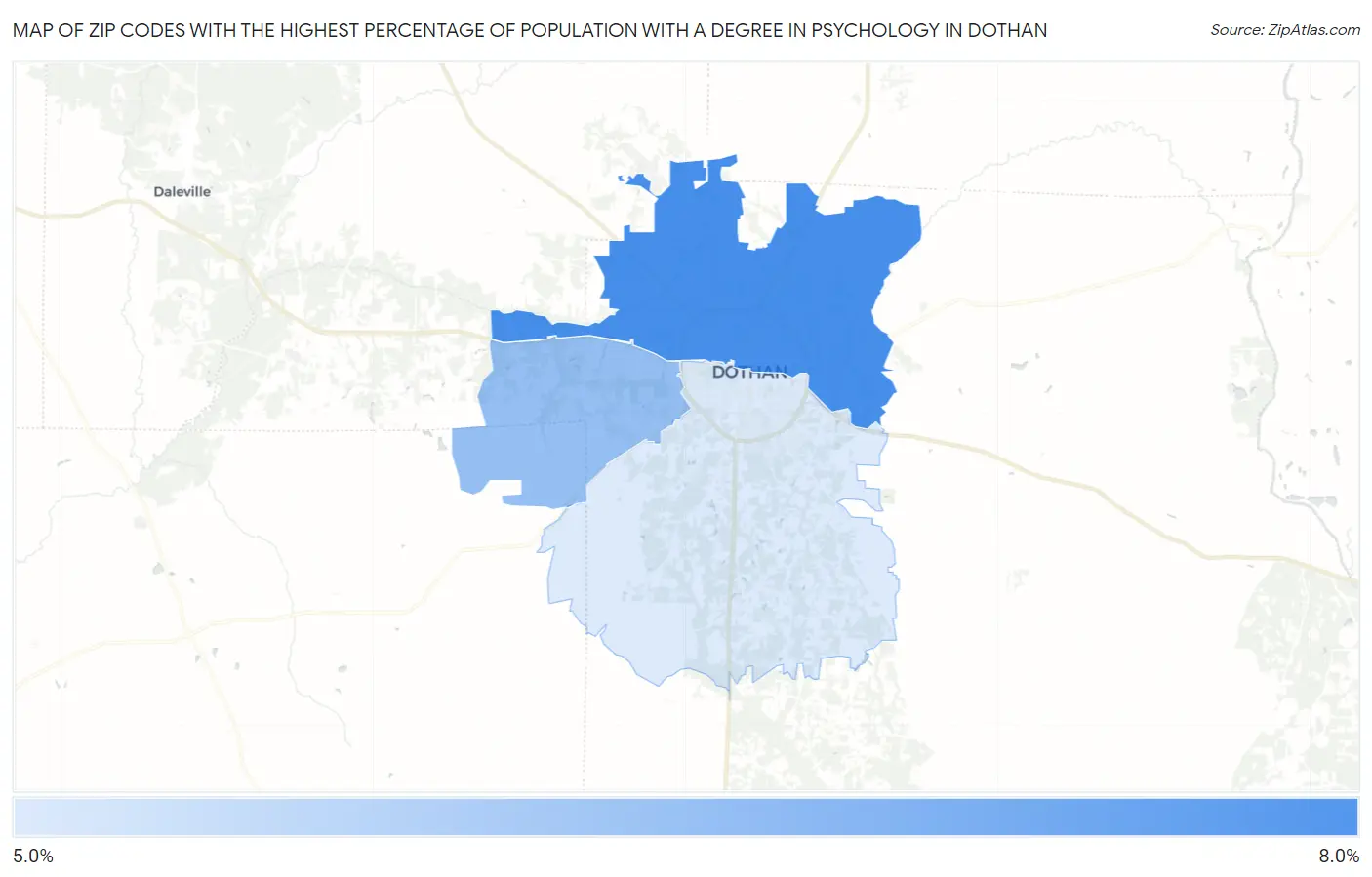 Zip Codes with the Highest Percentage of Population with a Degree in Psychology in Dothan Map