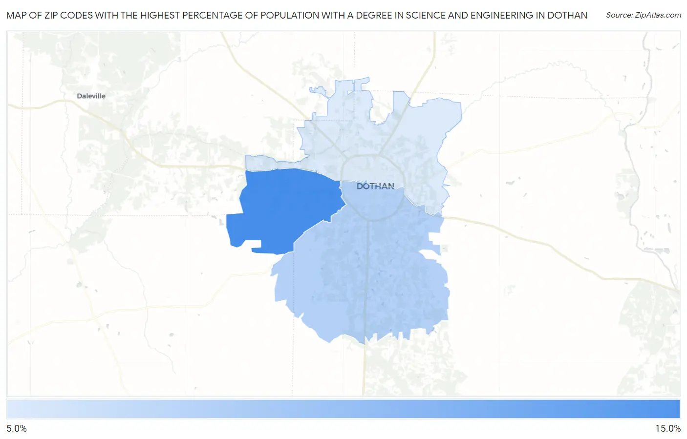 Zip Codes with the Highest Percentage of Population with a Degree in Science and Engineering in Dothan Map