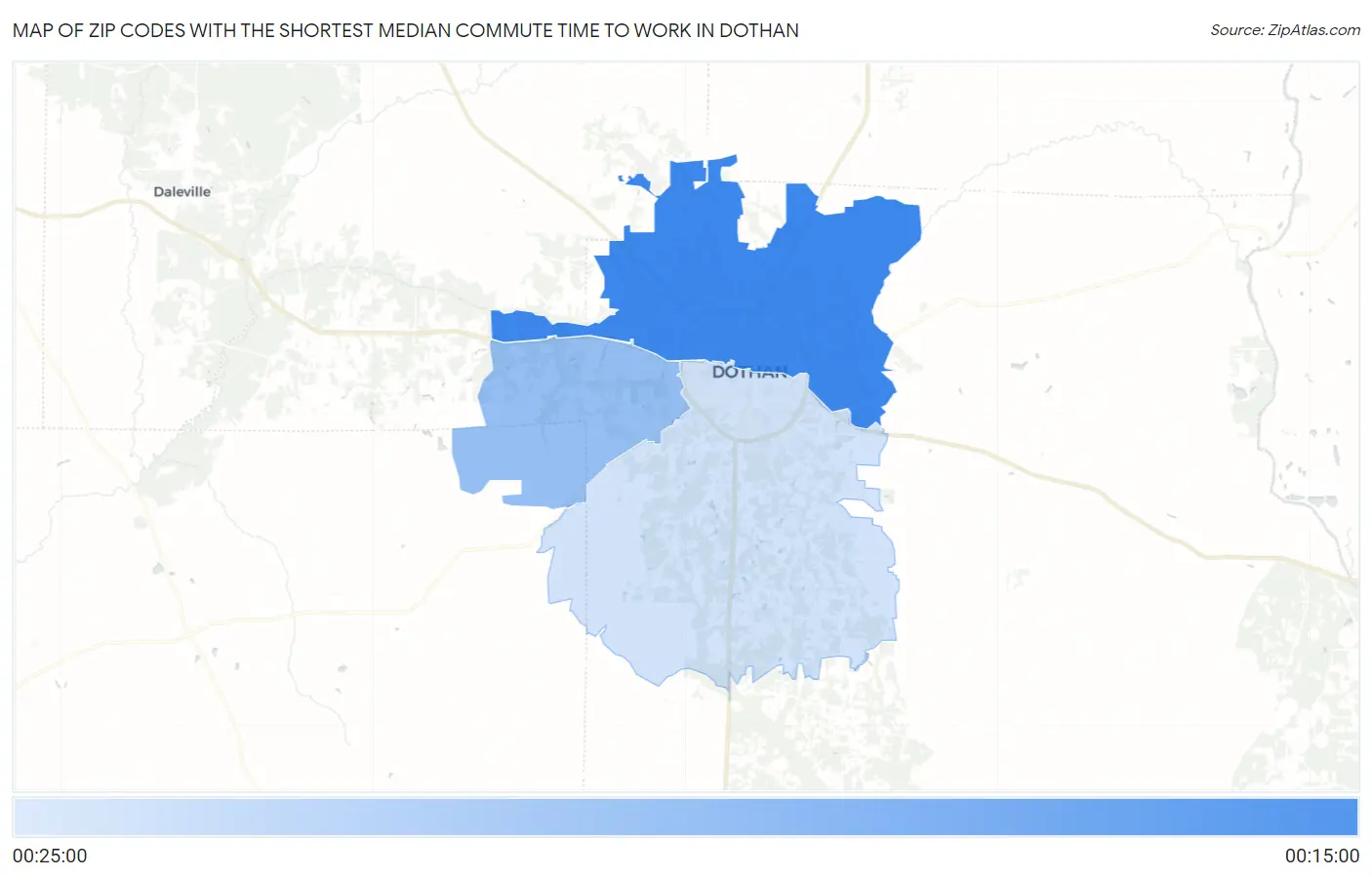 Zip Codes with the Shortest Median Commute Time to Work in Dothan Map