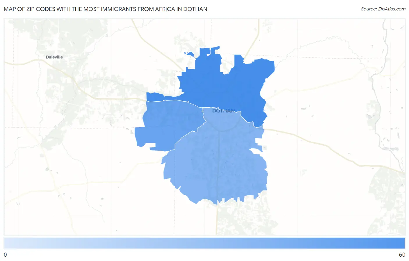 Zip Codes with the Most Immigrants from Africa in Dothan Map
