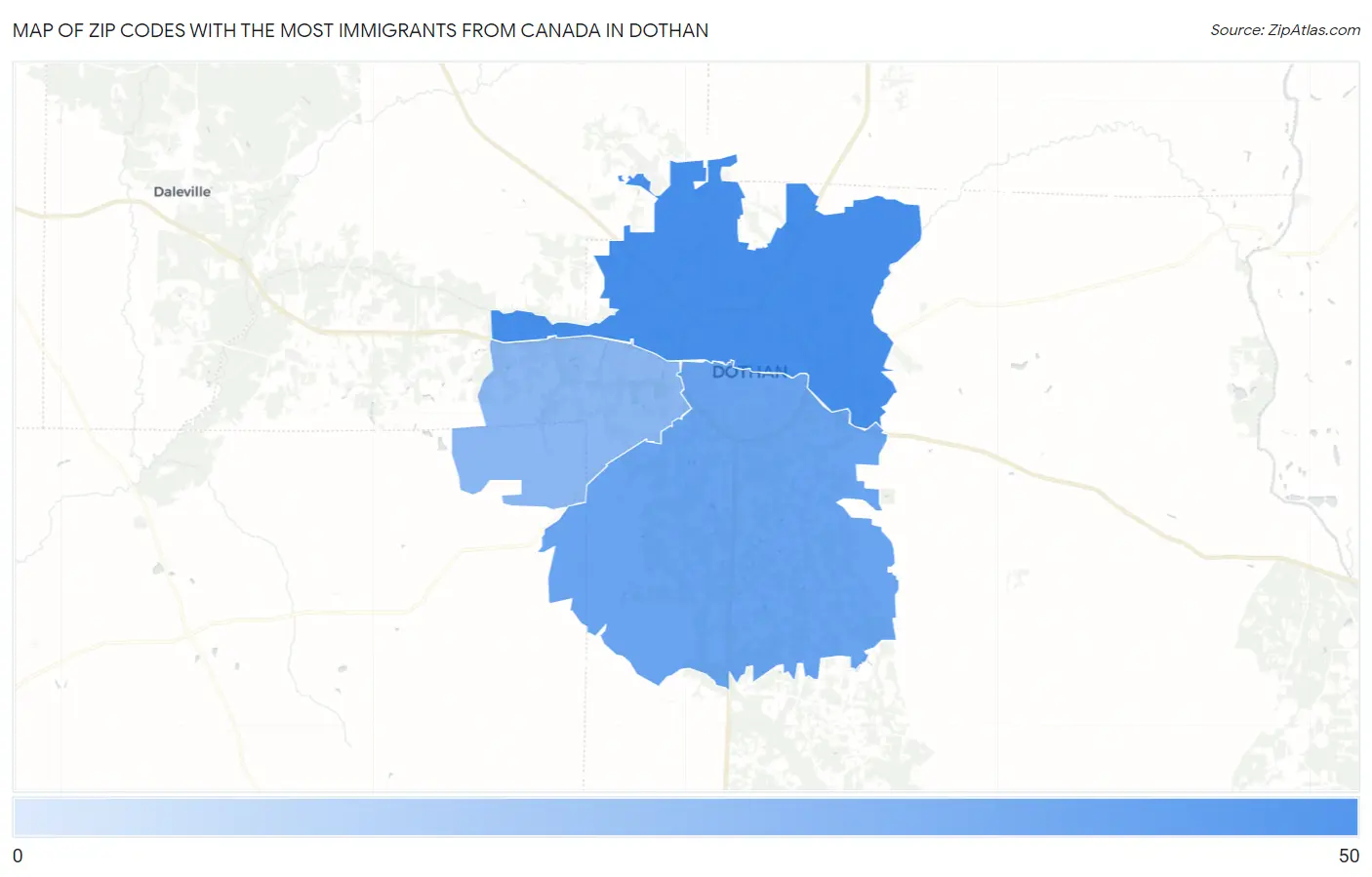 Zip Codes with the Most Immigrants from Canada in Dothan Map