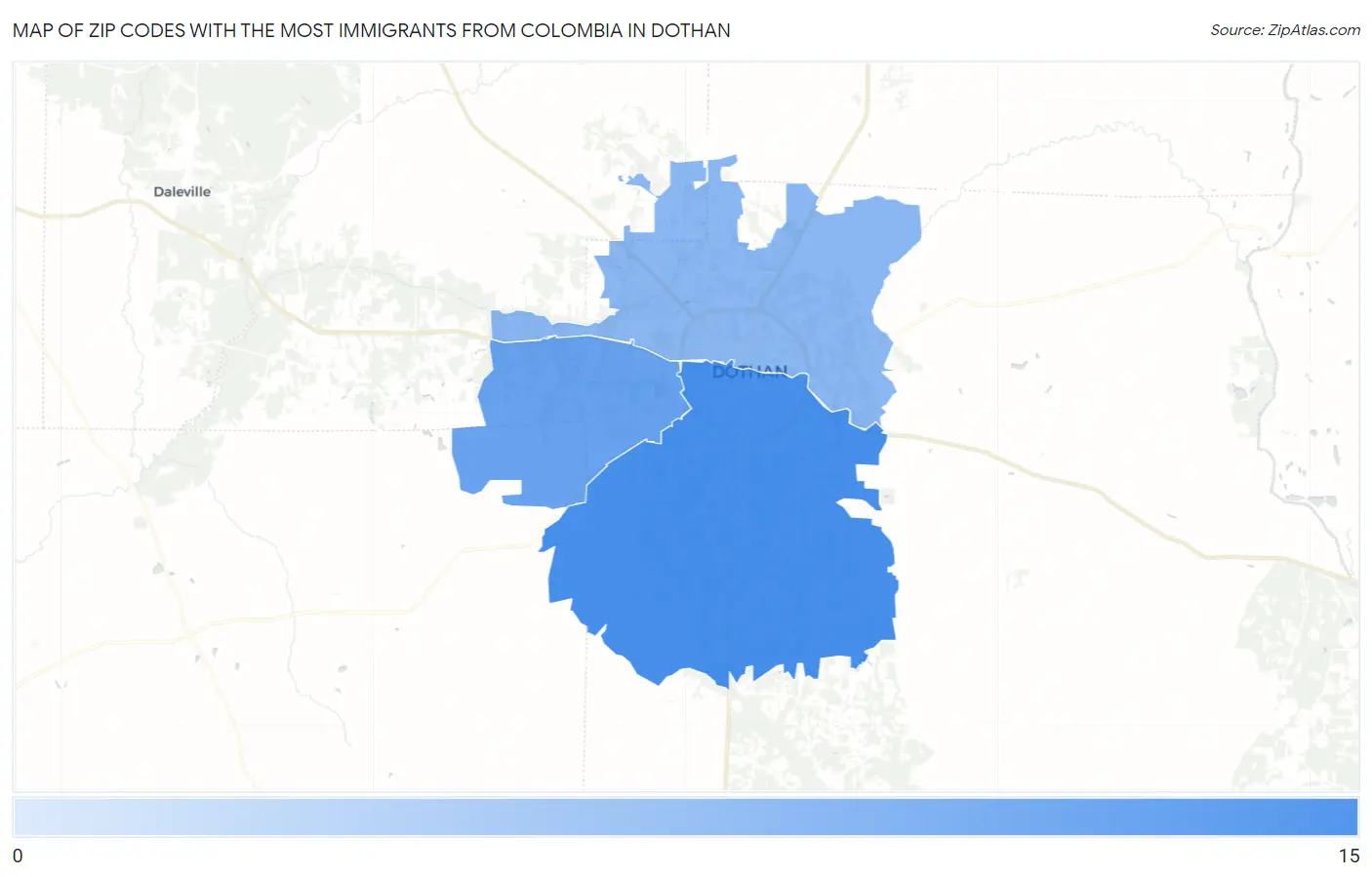Zip Codes with the Most Immigrants from Colombia in Dothan Map