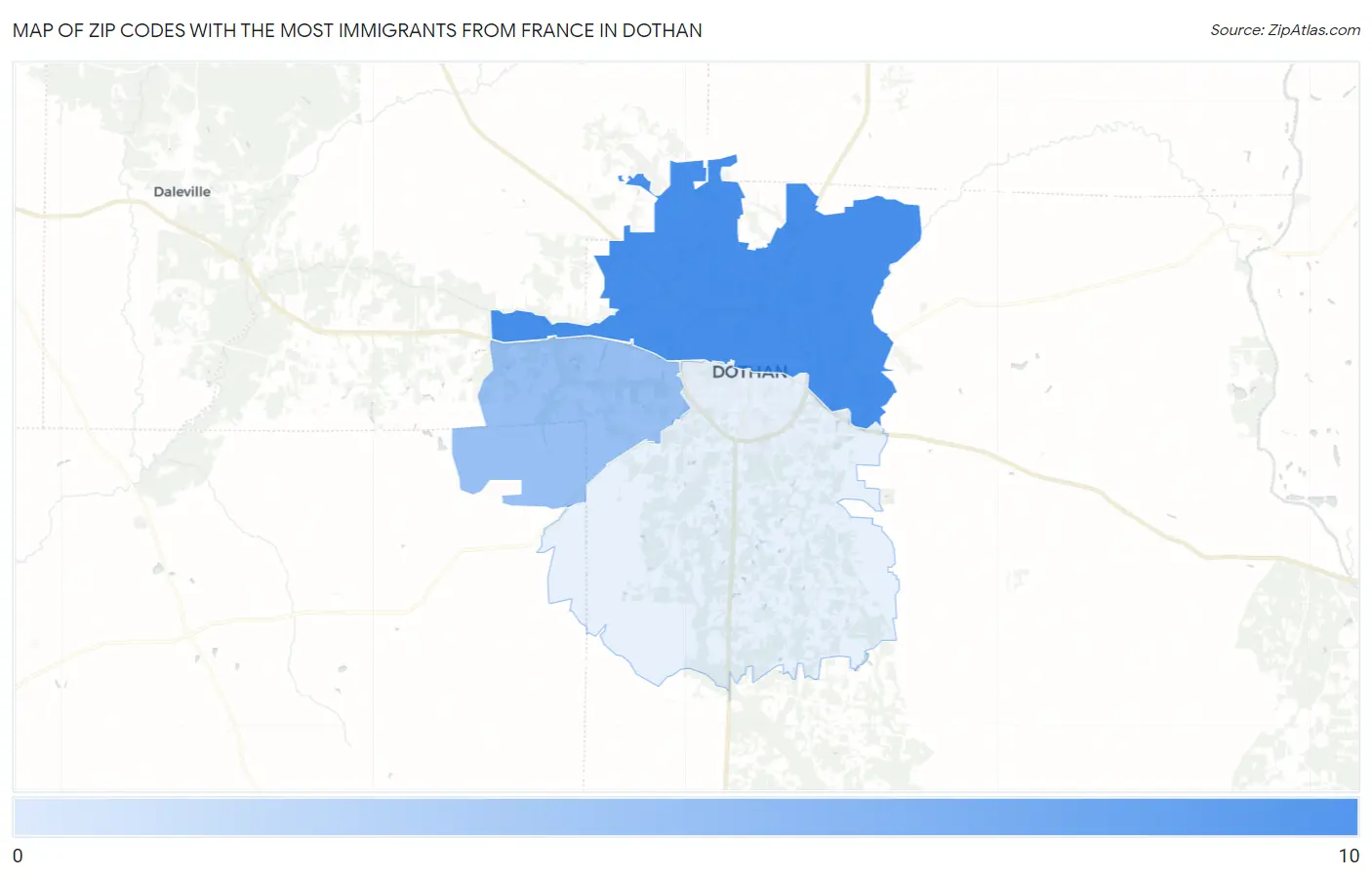 Zip Codes with the Most Immigrants from France in Dothan Map