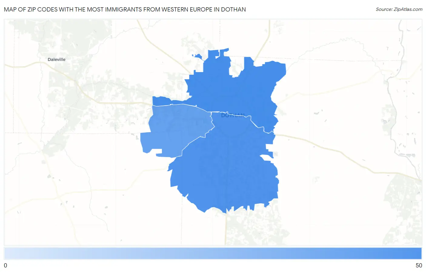 Zip Codes with the Most Immigrants from Western Europe in Dothan Map