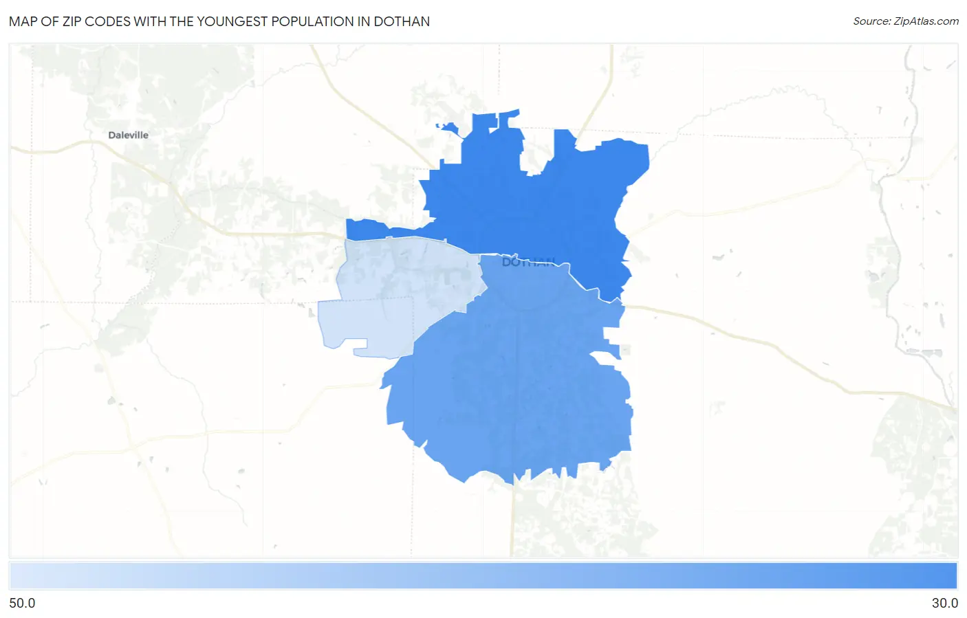Zip Codes with the Youngest Population in Dothan Map