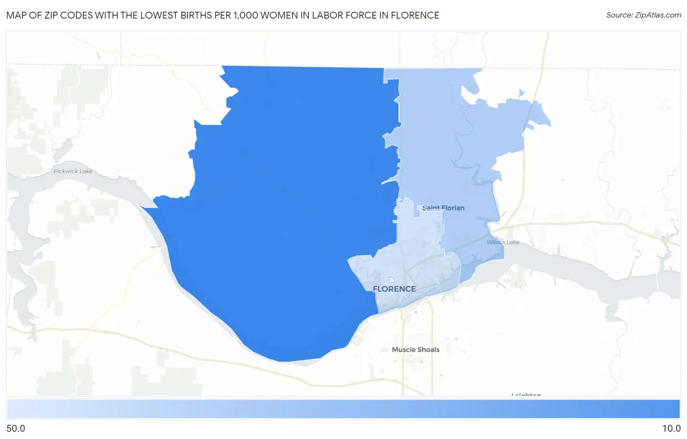 Zip Codes with the Lowest Births per 1,000 Women in Labor Force in Florence Map