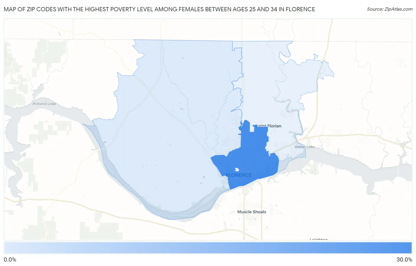 Zip Codes with the Highest Poverty Level Among Females Between Ages 25 and 34 in Florence Map
