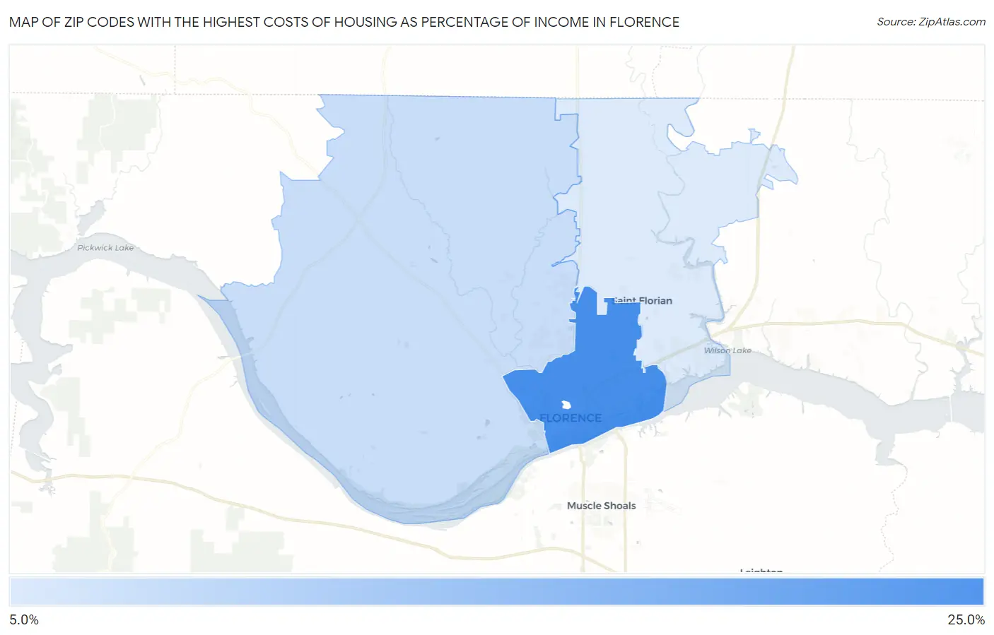 Zip Codes with the Highest Costs of Housing as Percentage of Income in Florence Map