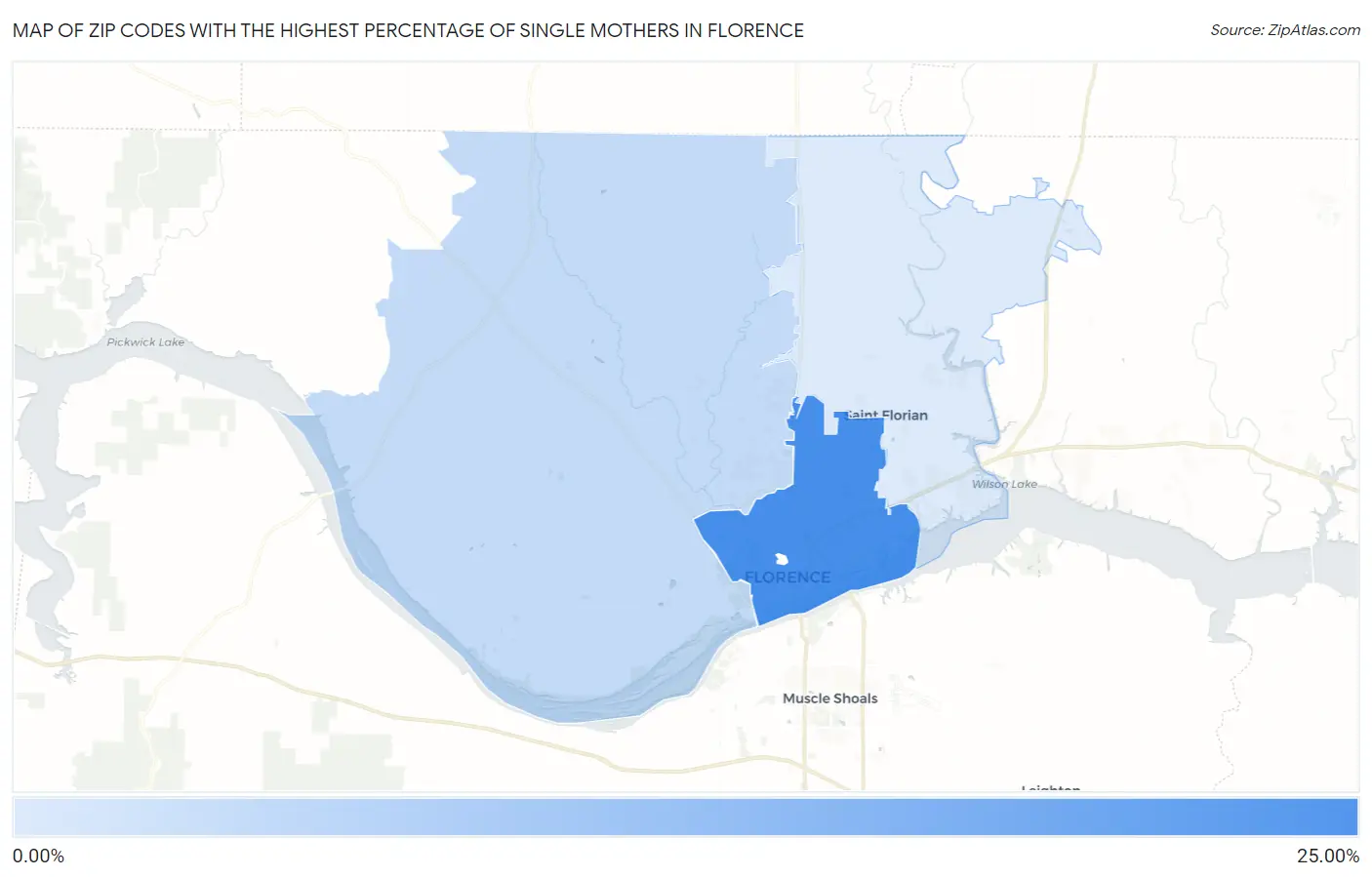 Zip Codes with the Highest Percentage of Single Mothers in Florence Map