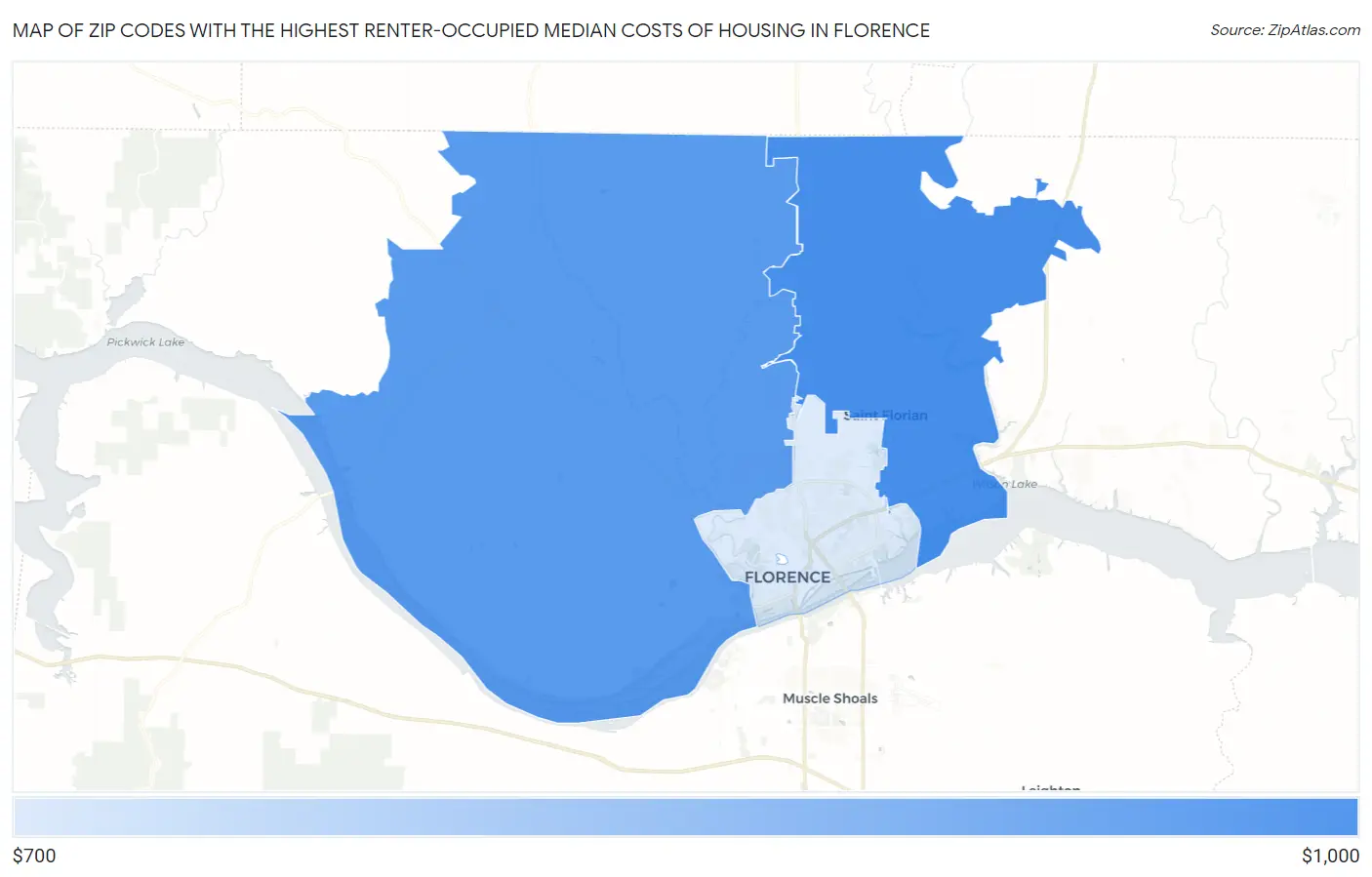 Zip Codes with the Highest Renter-Occupied Median Costs of Housing in Florence Map