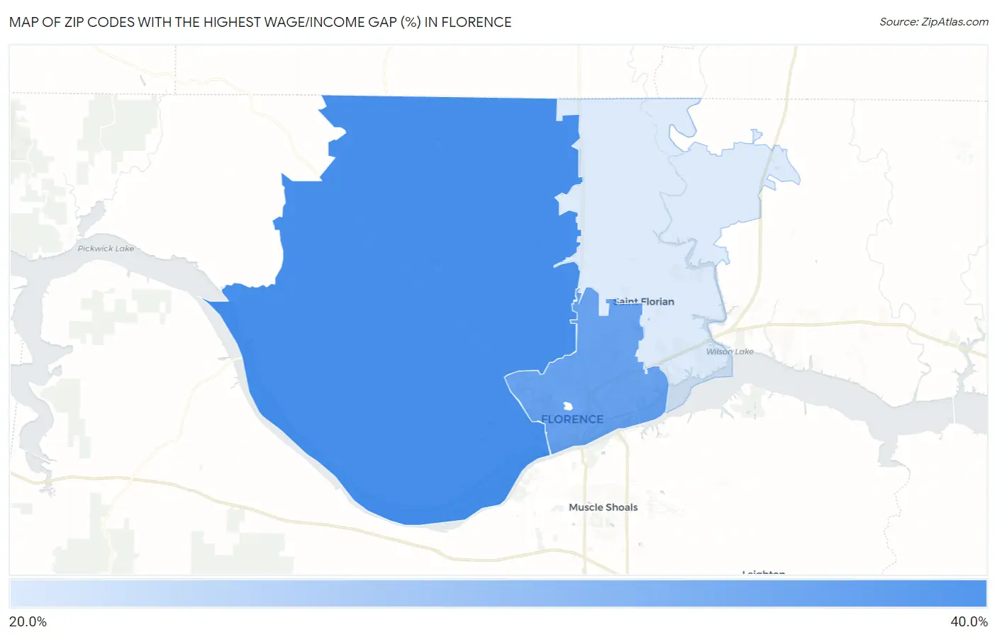 Zip Codes with the Highest Wage/Income Gap (%) in Florence Map