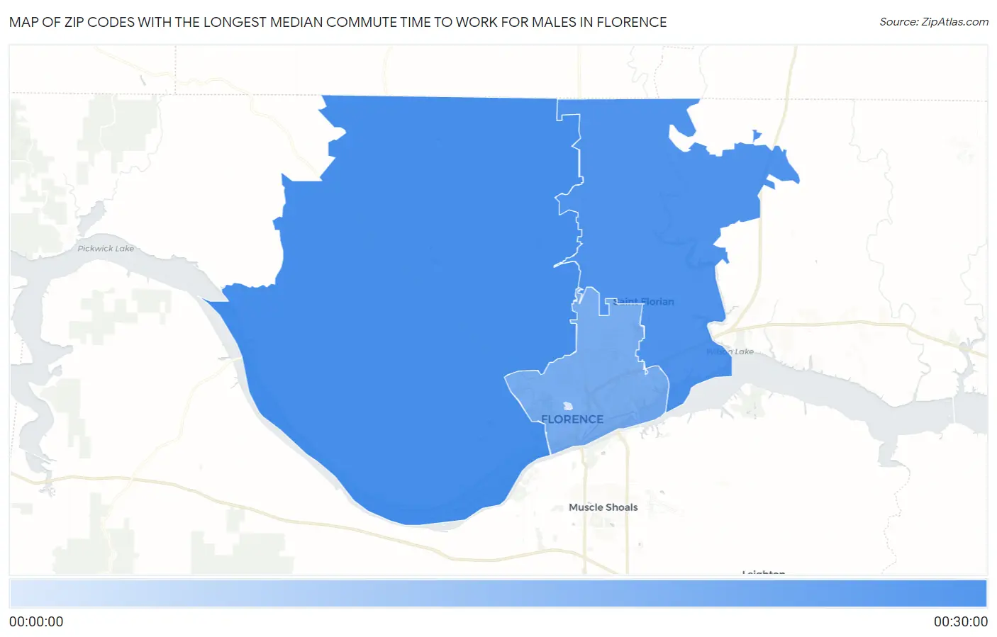 Zip Codes with the Longest Median Commute Time to Work for Males in Florence Map