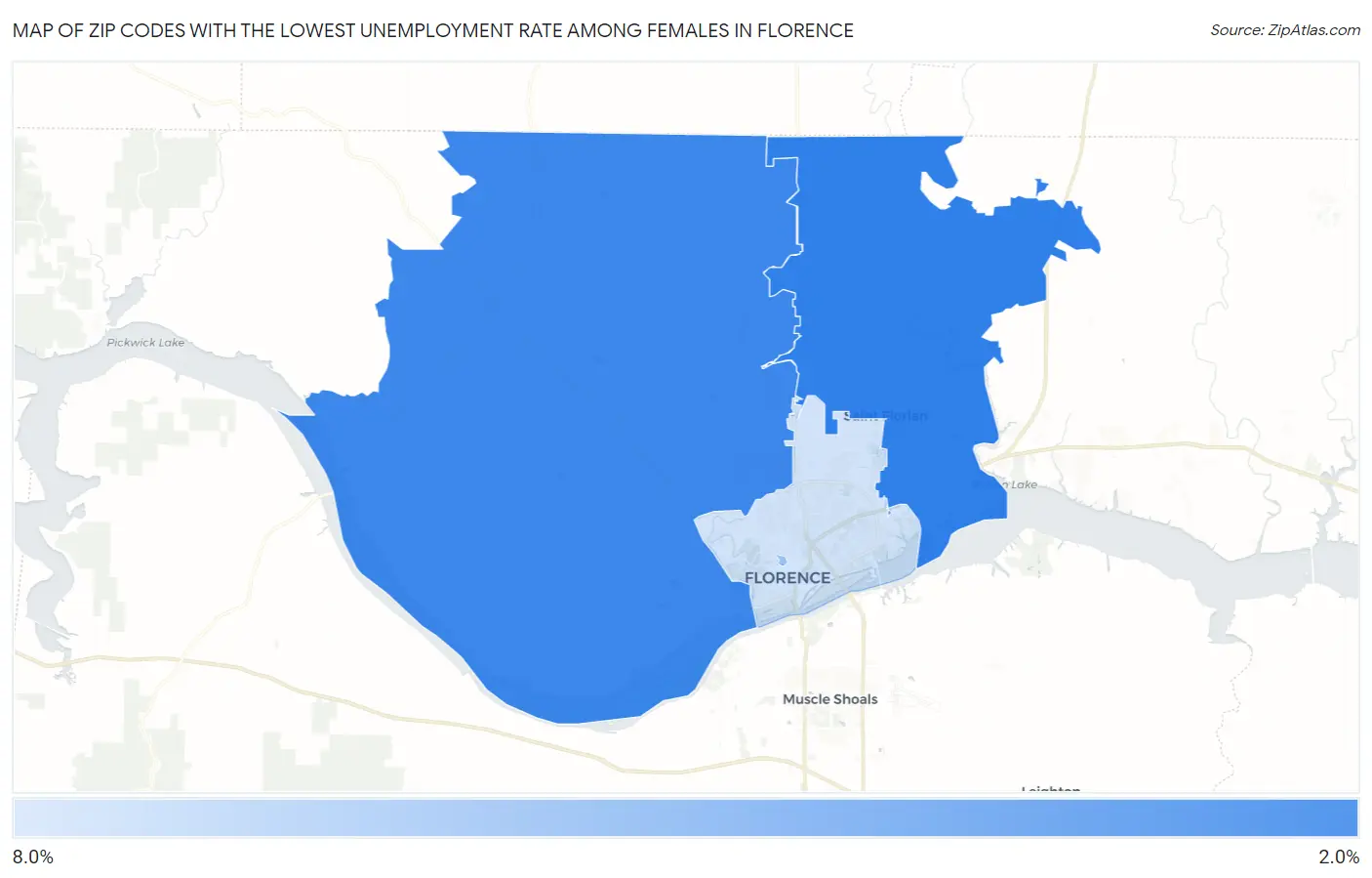 Zip Codes with the Lowest Unemployment Rate Among Females in Florence Map