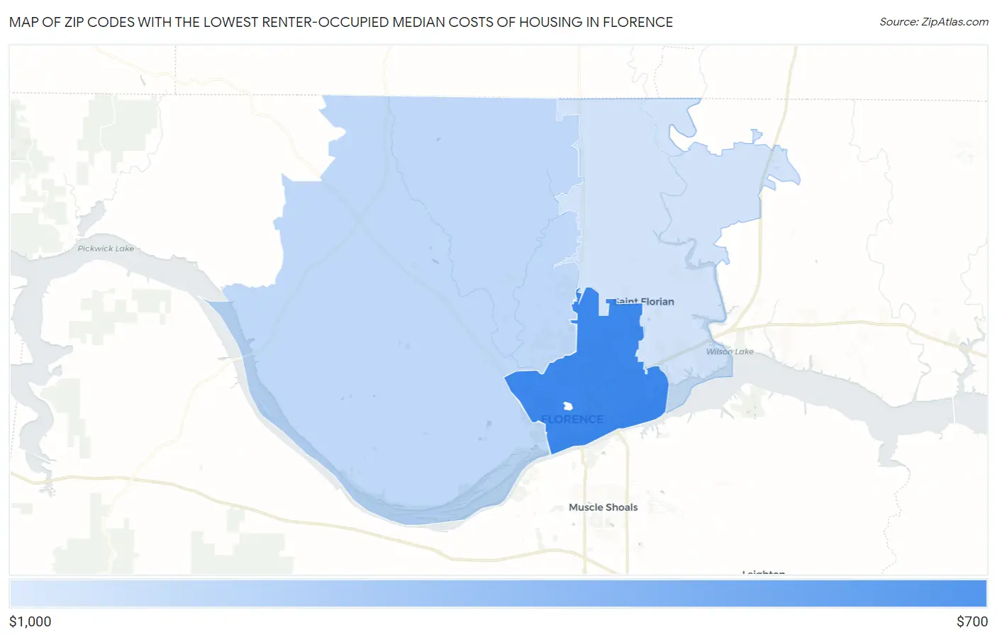 Zip Codes with the Lowest Renter-Occupied Median Costs of Housing in Florence Map