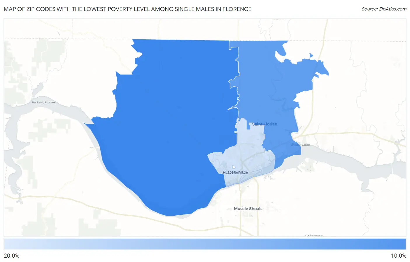 Zip Codes with the Lowest Poverty Level Among Single Males in Florence Map