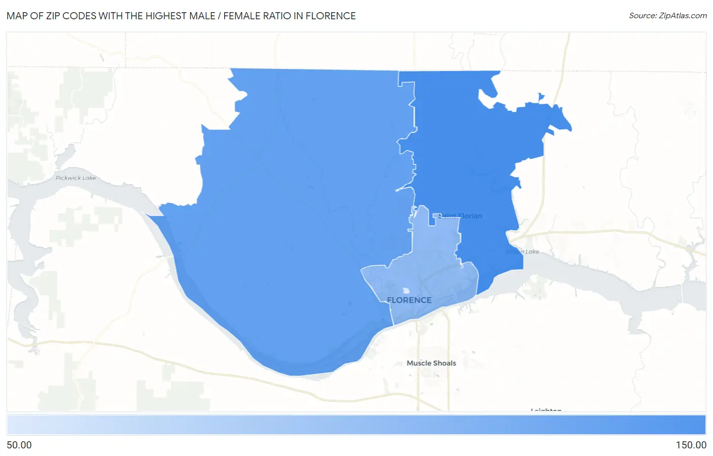Zip Codes with the Highest Male / Female Ratio in Florence Map