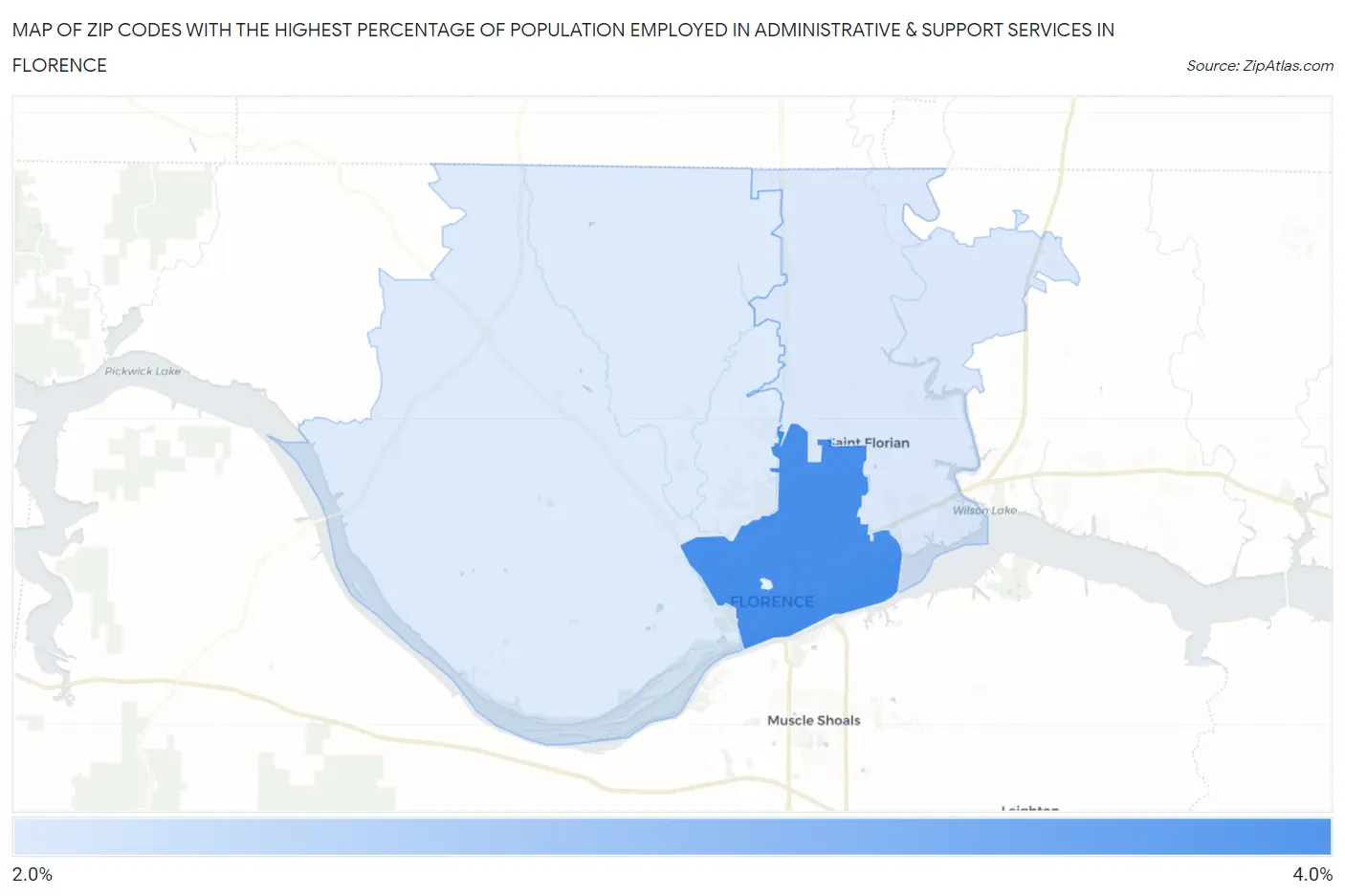 Zip Codes with the Highest Percentage of Population Employed in Administrative & Support Services in Florence Map