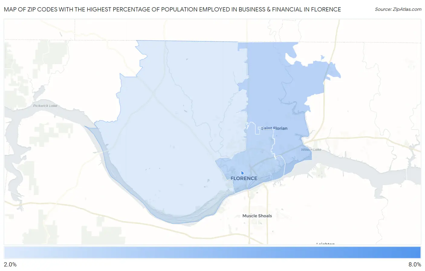 Zip Codes with the Highest Percentage of Population Employed in Business & Financial in Florence Map