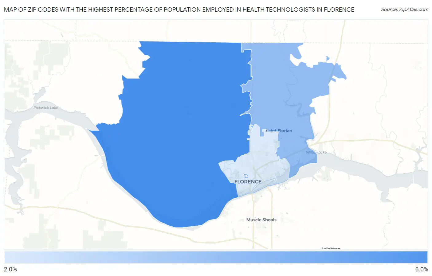 Zip Codes with the Highest Percentage of Population Employed in Health Technologists in Florence Map