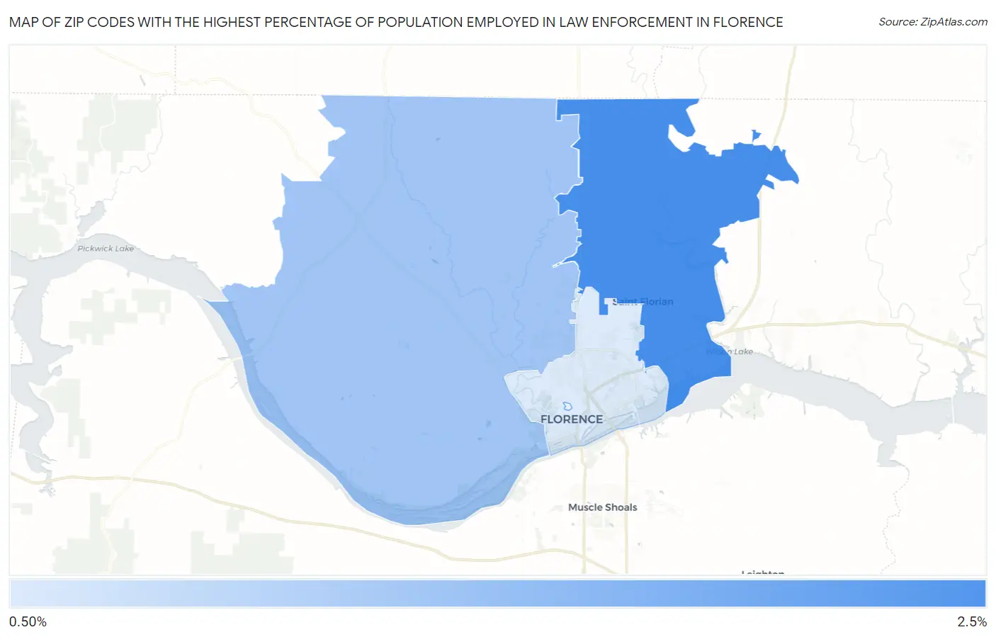 Zip Codes with the Highest Percentage of Population Employed in Law Enforcement in Florence Map
