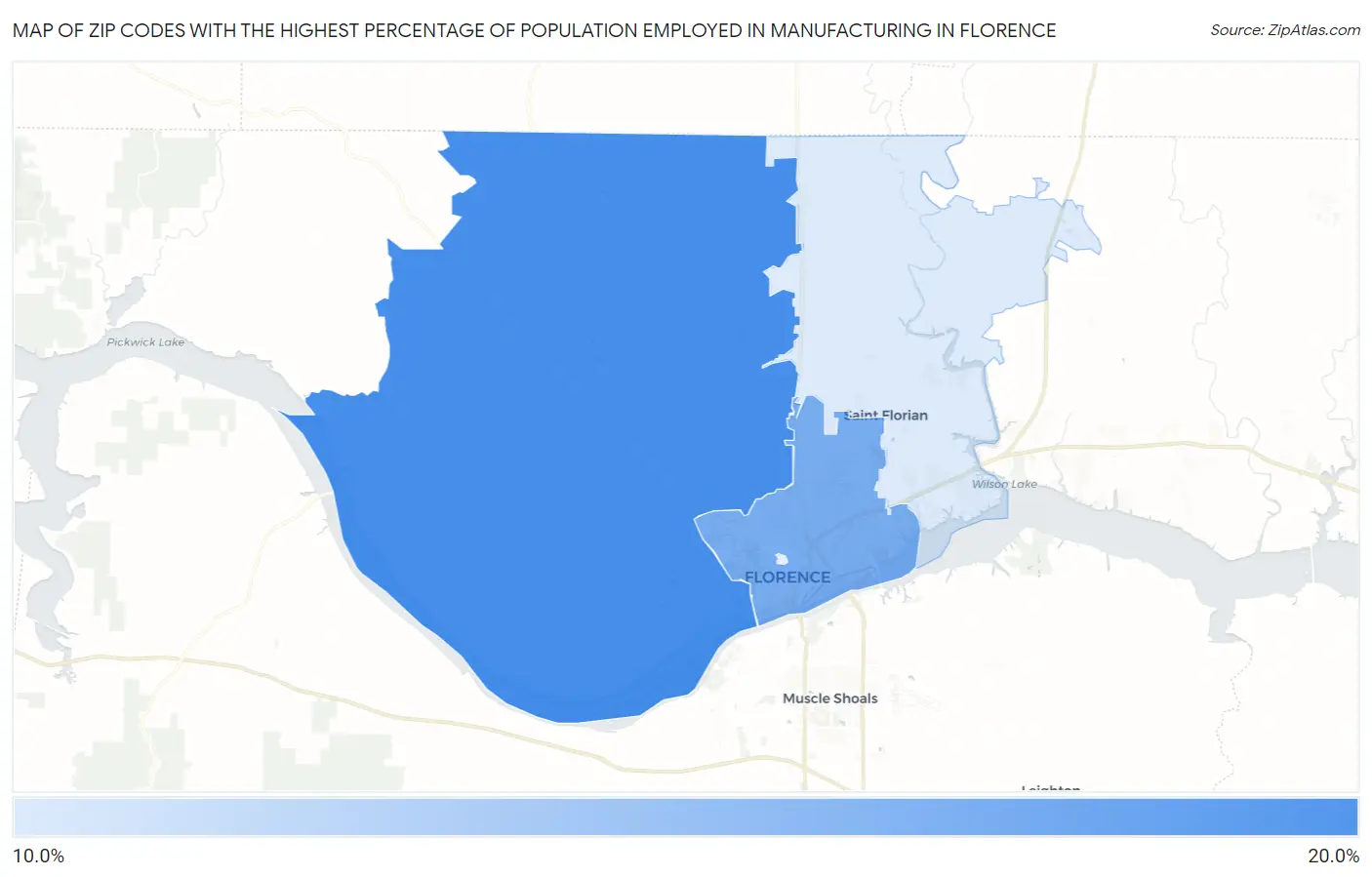 Zip Codes with the Highest Percentage of Population Employed in Manufacturing in Florence Map