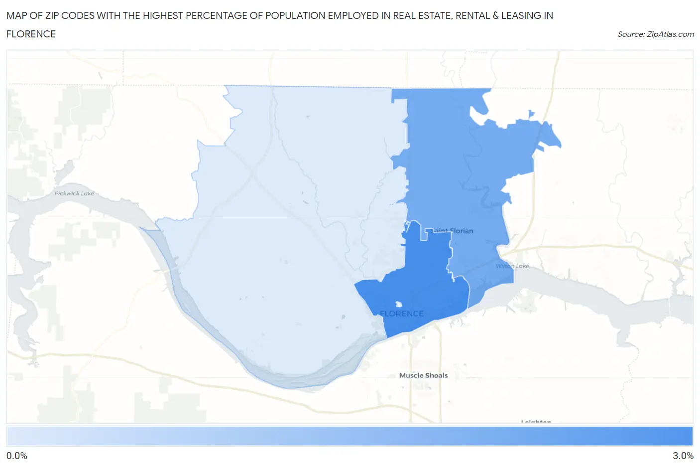 Zip Codes with the Highest Percentage of Population Employed in Real Estate, Rental & Leasing in Florence Map