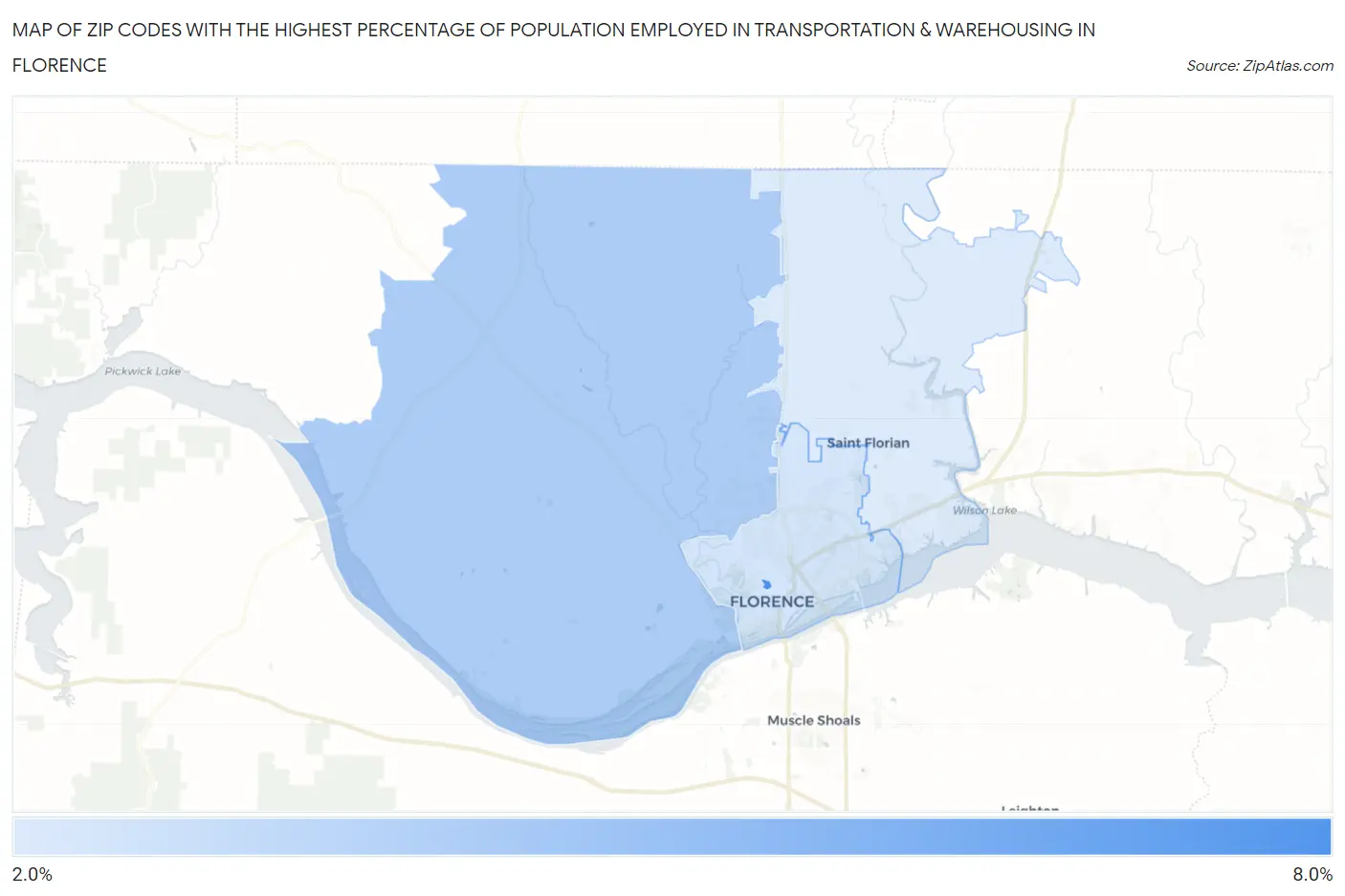Zip Codes with the Highest Percentage of Population Employed in Transportation & Warehousing in Florence Map