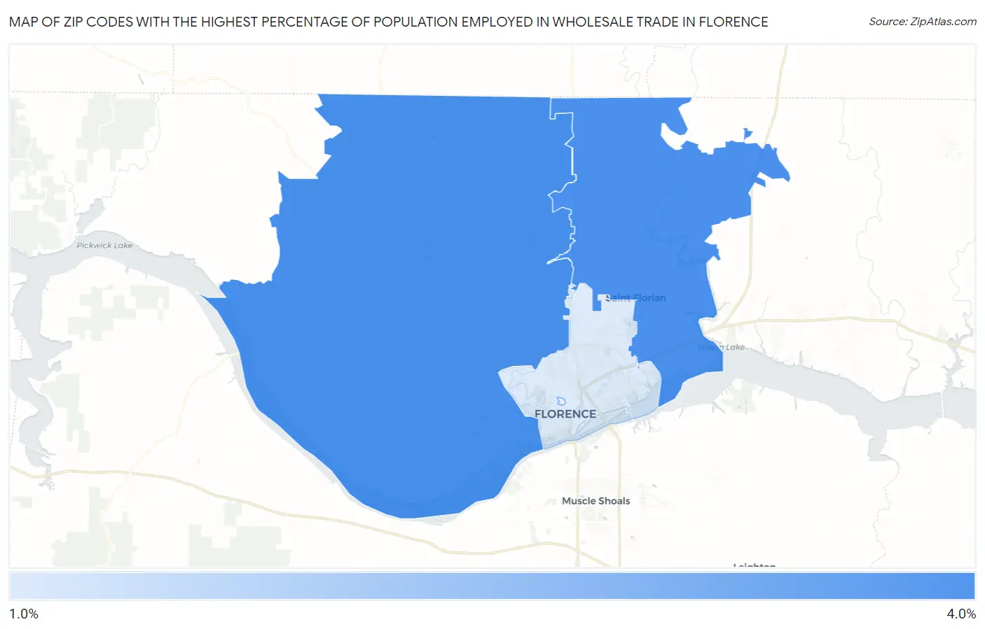 Zip Codes with the Highest Percentage of Population Employed in Wholesale Trade in Florence Map