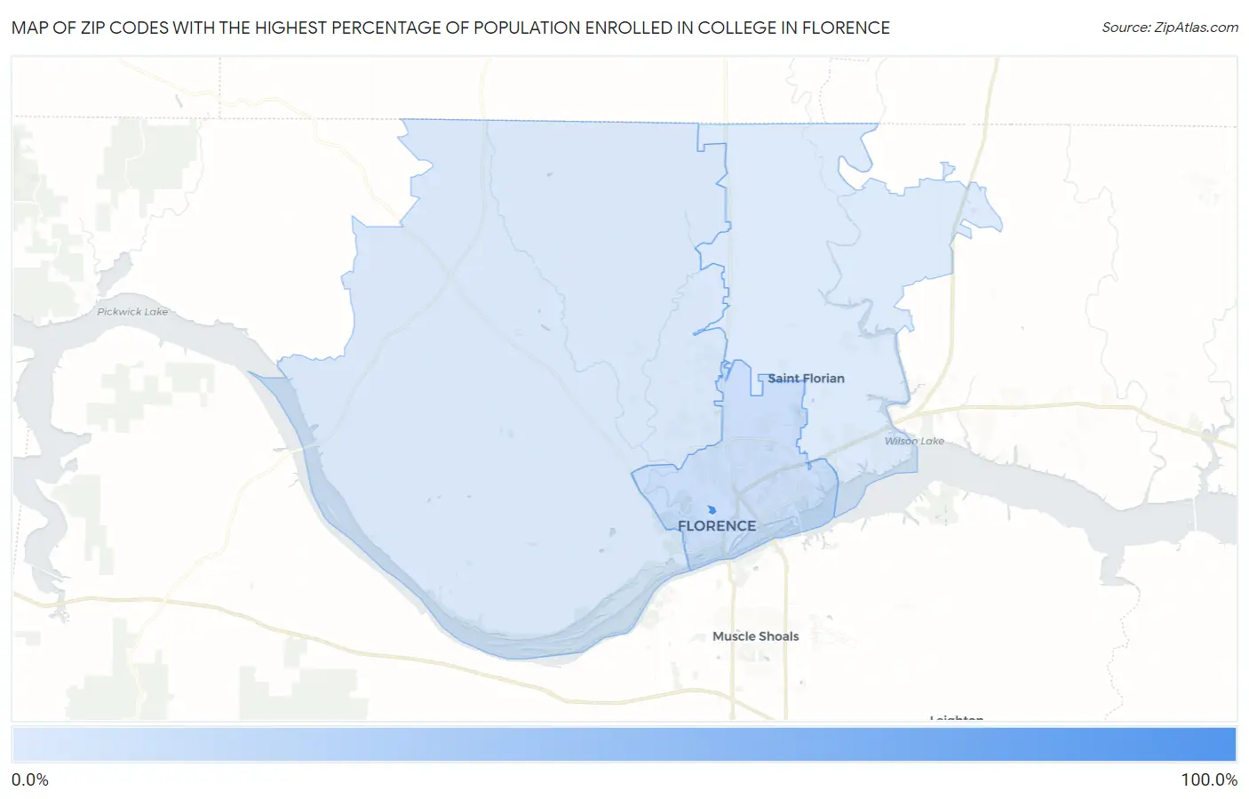 Zip Codes with the Highest Percentage of Population Enrolled in College in Florence Map