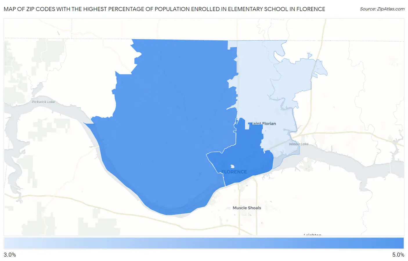 Zip Codes with the Highest Percentage of Population Enrolled in Elementary School in Florence Map