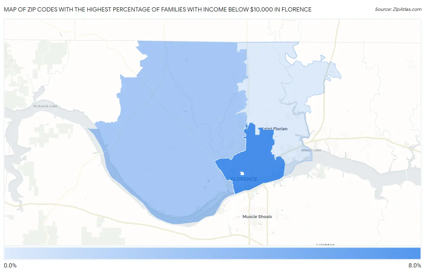 Zip Codes with the Highest Percentage of Families with Income Below $10,000 in Florence Map