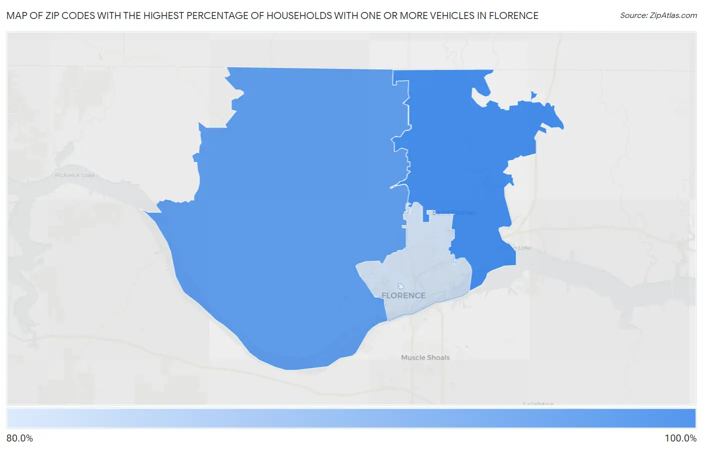 Zip Codes with the Highest Percentage of Households With One or more Vehicles in Florence Map
