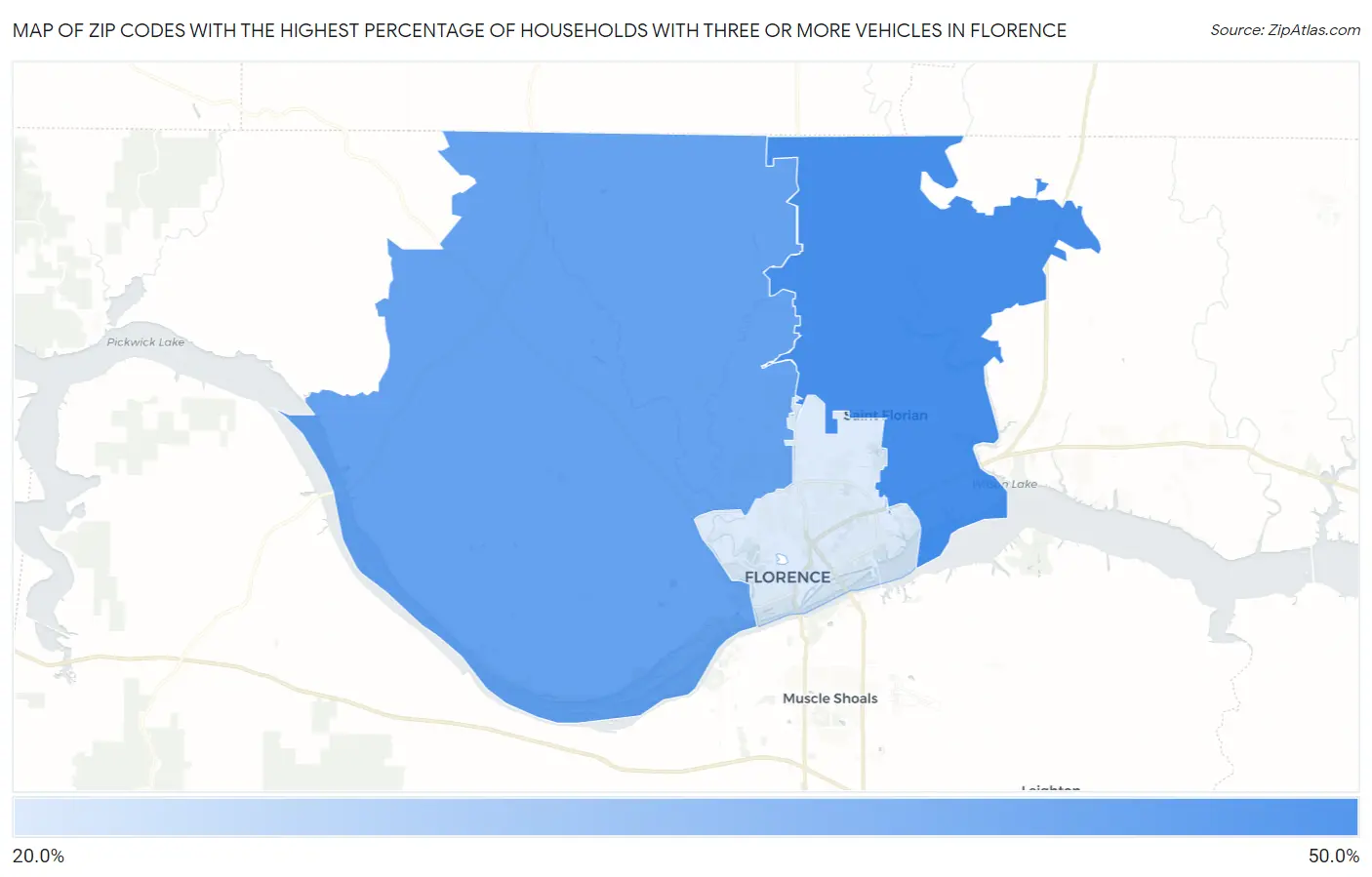 Zip Codes with the Highest Percentage of Households With Three or more Vehicles in Florence Map