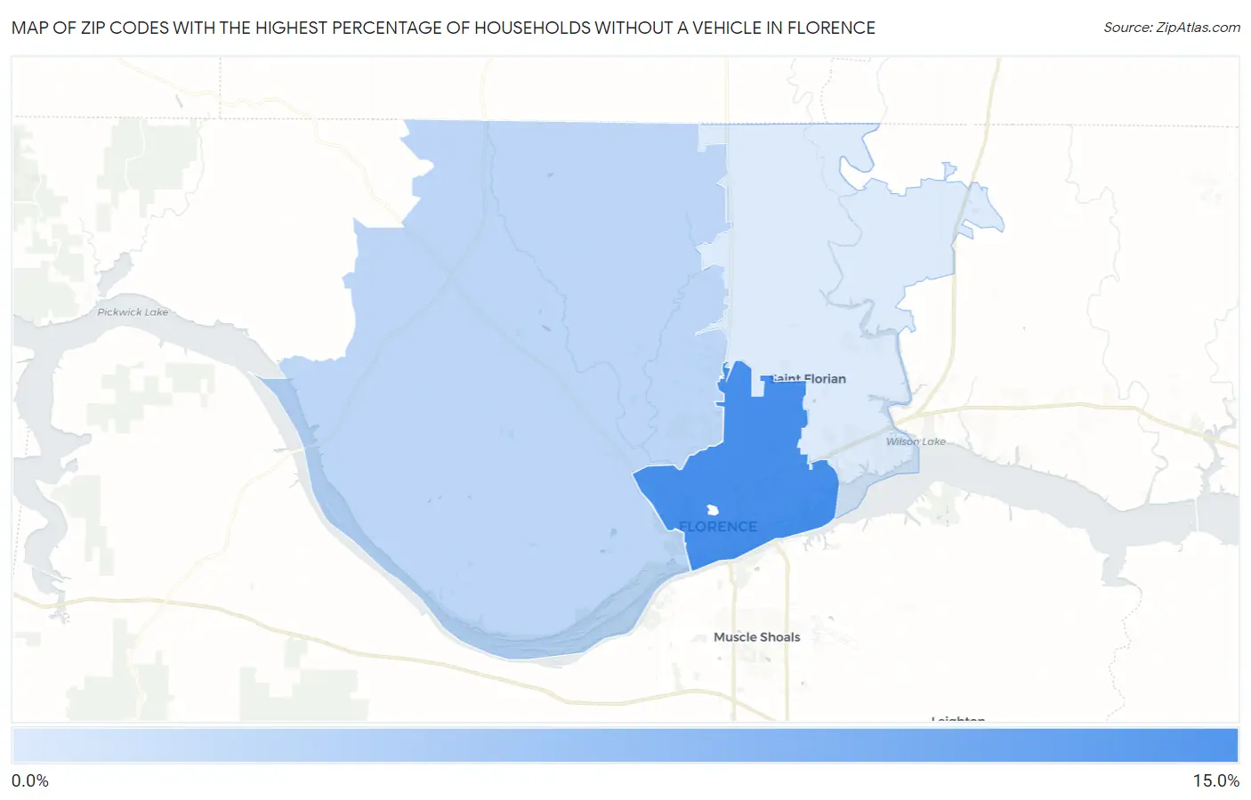 Zip Codes with the Highest Percentage of Households Without a Vehicle in Florence Map