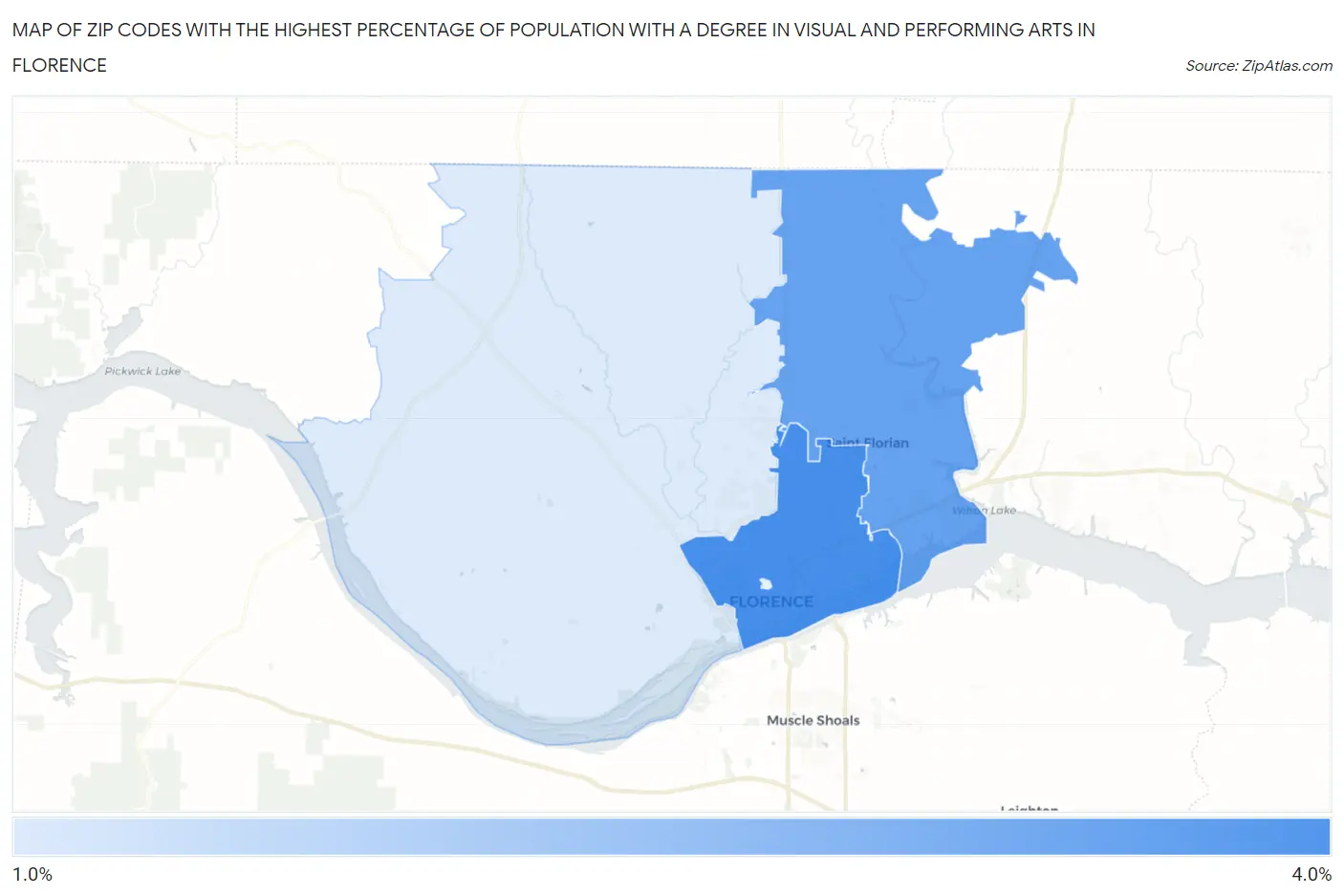 Zip Codes with the Highest Percentage of Population with a Degree in Visual and Performing Arts in Florence Map