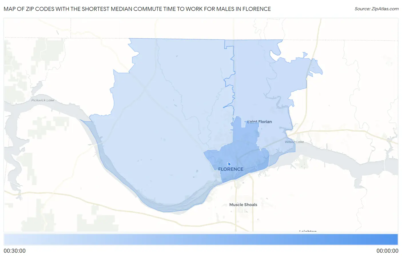Zip Codes with the Shortest Median Commute Time to Work for Males in Florence Map